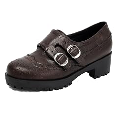Womens Wingtip Oxford Shoes Double Buckle Strap Chunky Lug Sole Brogue Platform