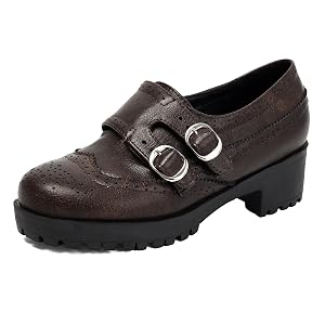 Womens Wingtip Oxford Shoes Double Buckle Strap Chunky Lug Sole Brogue Platform