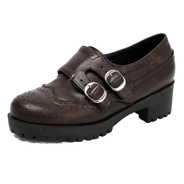Womens Wingtip Oxford Shoes Double Buckle Strap Chunky Lug Sole Brogue Platform