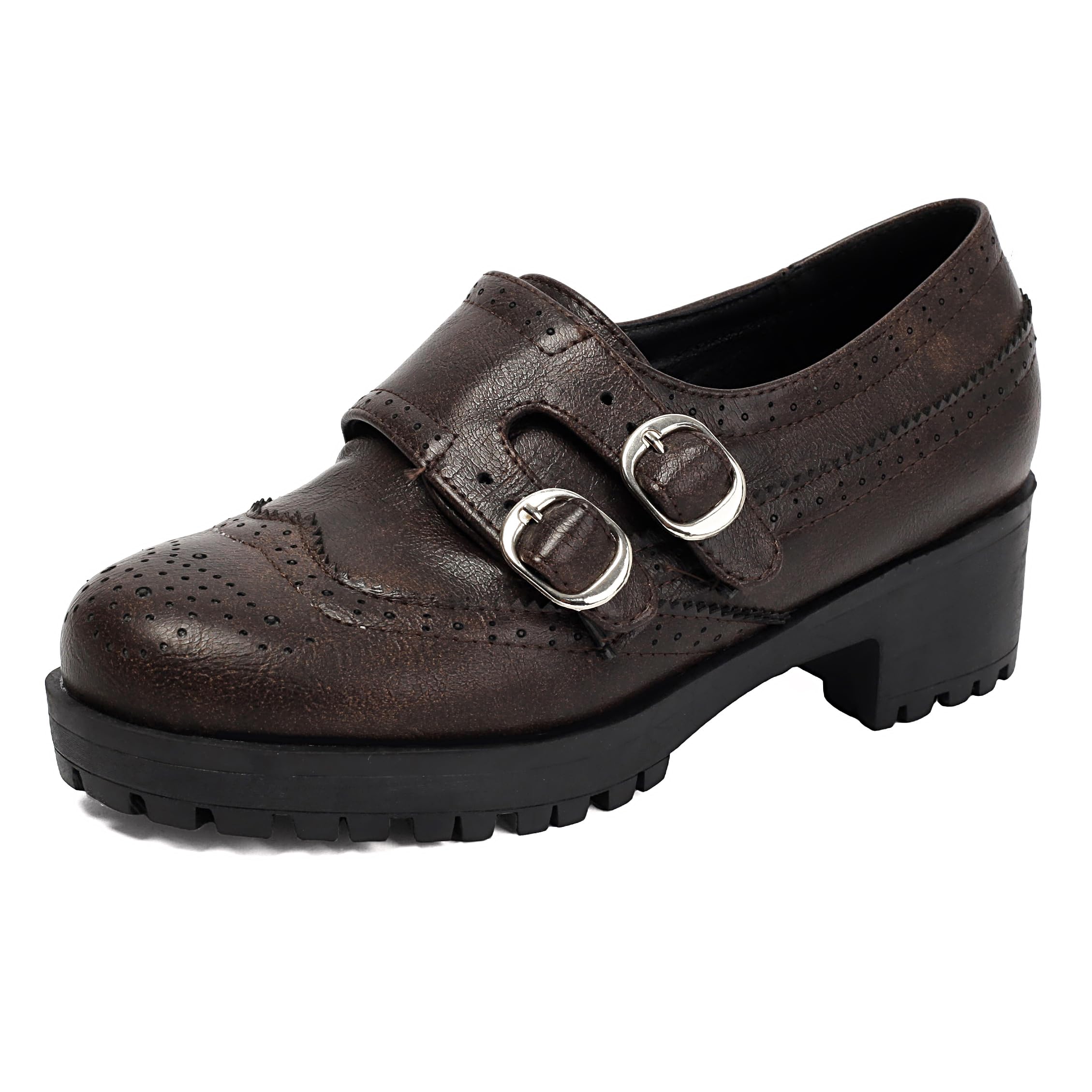 Womens Wingtip Oxford Shoes Double Buckle Strap Chunky Lug Sole Brogue Platform