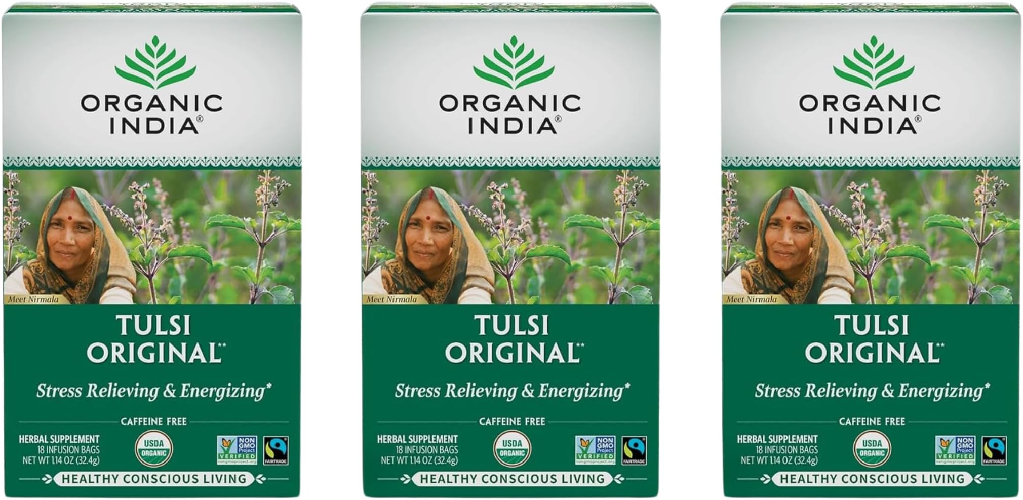 ORGANIC INDIA Tulsi Original Herbal Tea - Holy Basil and African Basil Calming and Stress Relief Tea, Immune Support, USDA Certified Organic, Non-GMO, Caffeine-Free - 18 Infusion Bags, 3 Pack