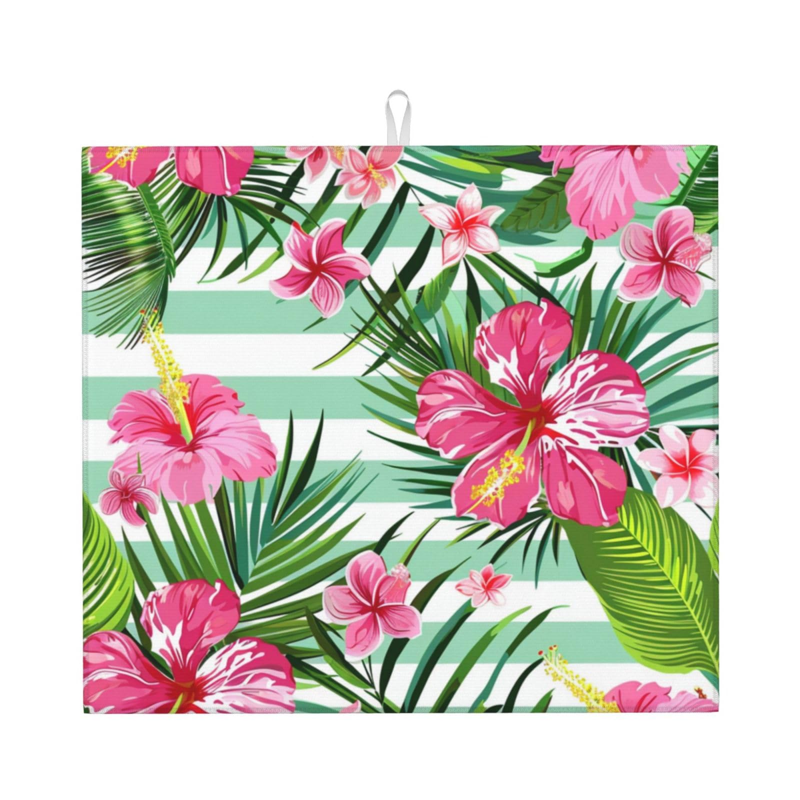 Dish Drying Mat for Kitchen Counter, Tropical Leaves Exotic Floral Flower Stripe Print Super Absorbent Dish Rack Mats with Hanging Loop, 16 X 18 Inch