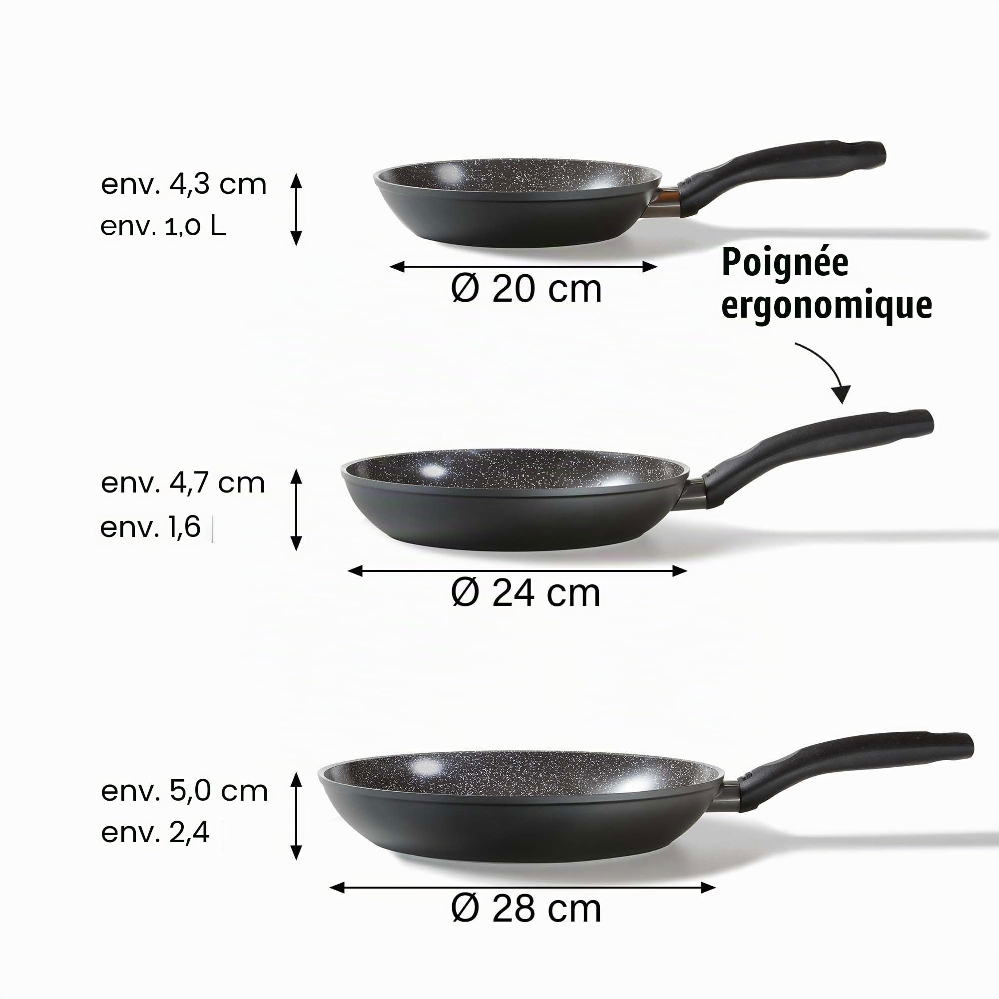 STONELINE Ceramic Lot de 3 Poêles 20/24/28 cm, adaptée à l'Induction, Revêtement Antiadhésif avec de Vraies Particules de Pierre, Cuire, Rôtir et Mijoter sans Huile ni Graisse, Noir