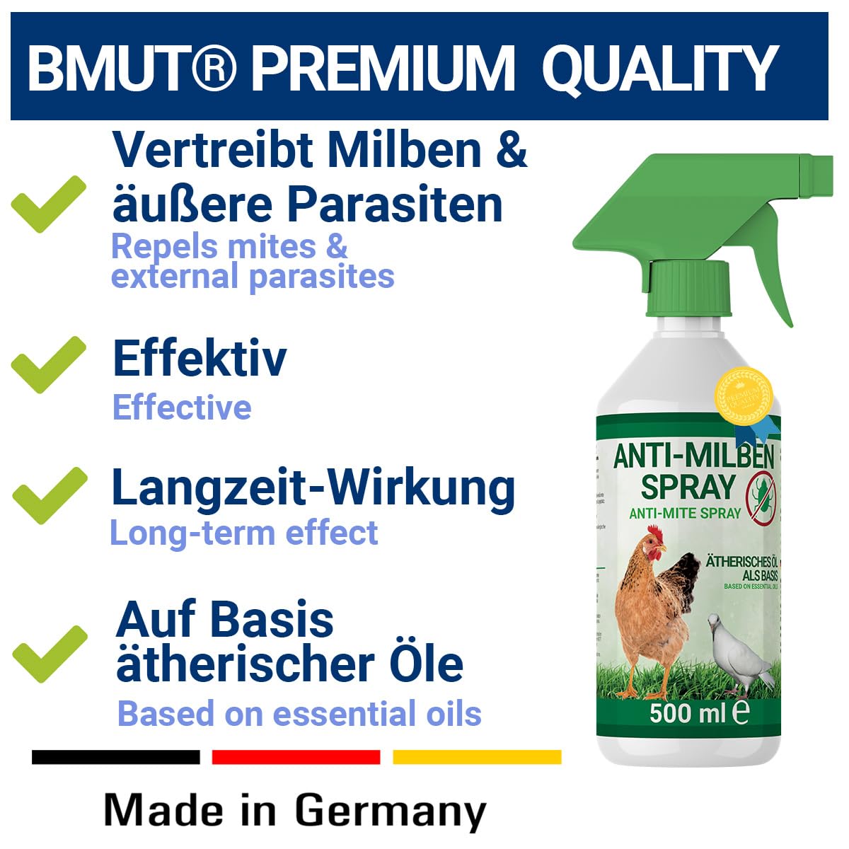500ml Spray antiácaros para pollos, aves de corral y pájaros - Inmediato y a largo plazo contra ácaros y parásitos, agudo y prevención