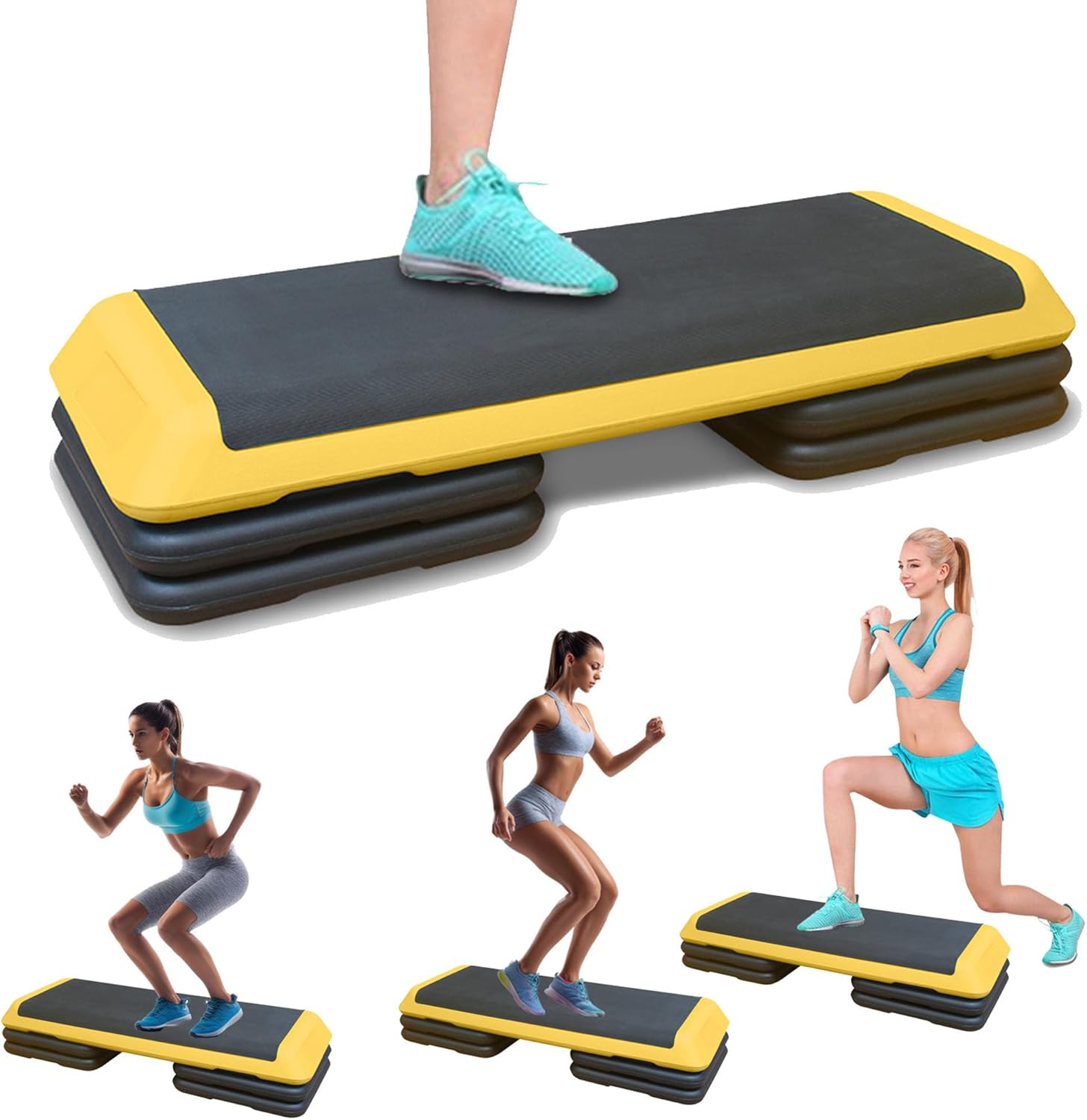 43" Aerobic Exercise Step Platform, Adjustable Aerobic Steppers with 4 Stackable Risers, Workout Stepper & Fitness Stepper for Home Gym Cardio Strength Training, Easy Storage, 550 LBS Capacity
