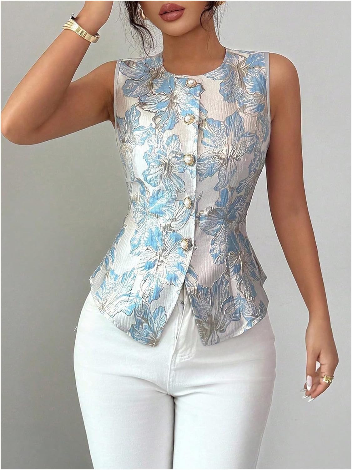 Floerns Women's Elegant Floral Button Down Blouse Sleeveless Crew Neck Work Office Dressy Shirts - Image 4