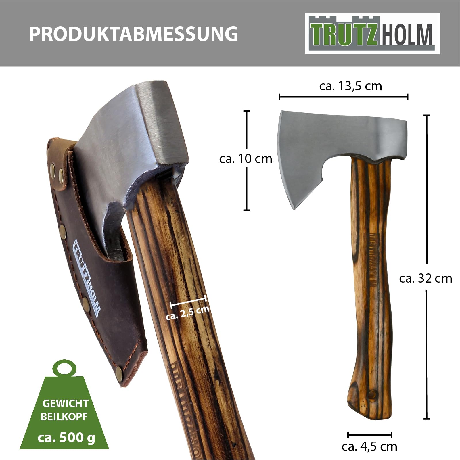 TRUTZHOLM Axt/Beil Vintage aus C45 Stahl Griff aus Hickoryholz geflammt Freizeitbeil zum Spalten von Holz, Entasten von Bäumen mit Klingenschutz aus Leder (Beil 320 mm)