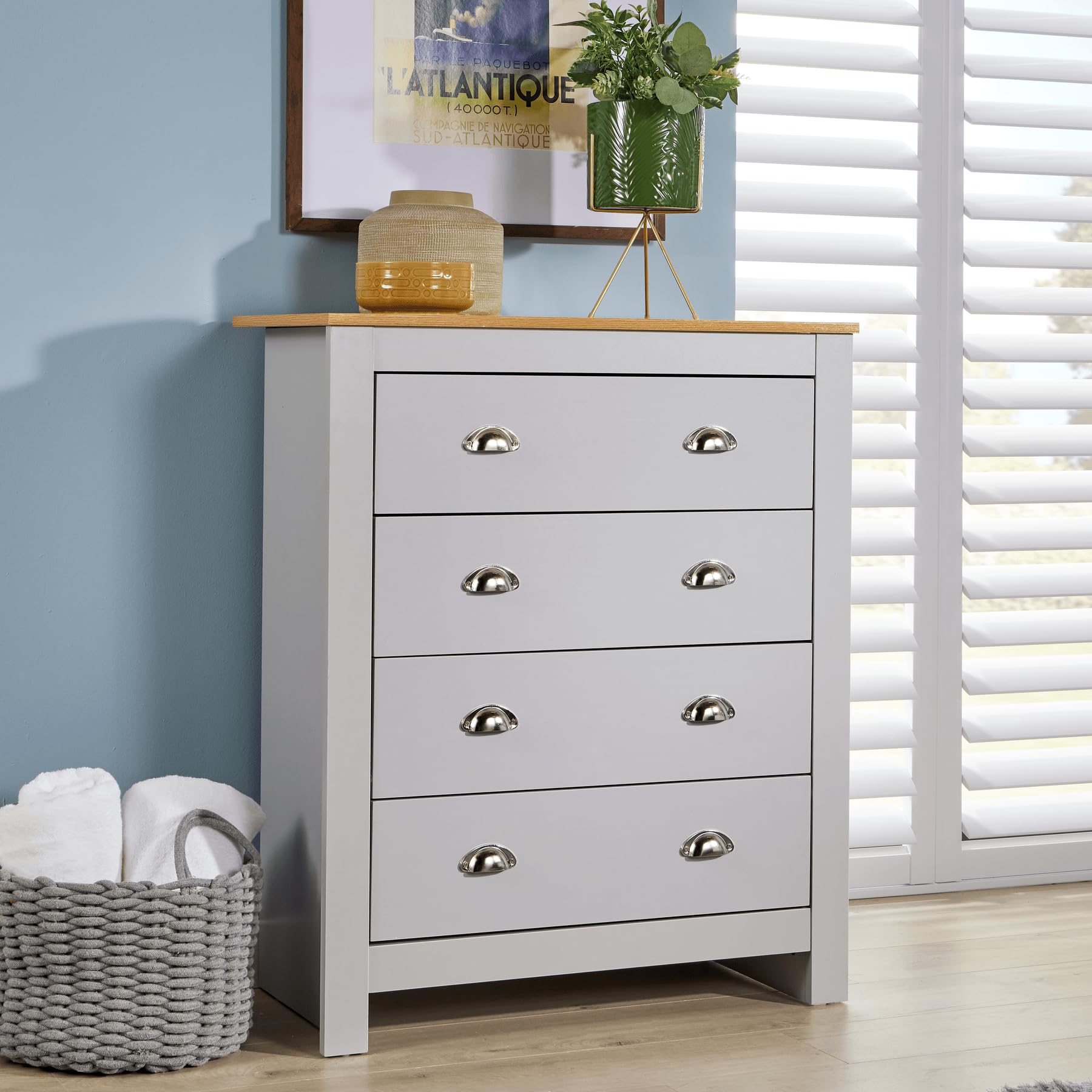 Home Source Chest of Drawers Clothing Storage Unit, 4 Drawers, Oak Effect Top, Grey โ image 1
