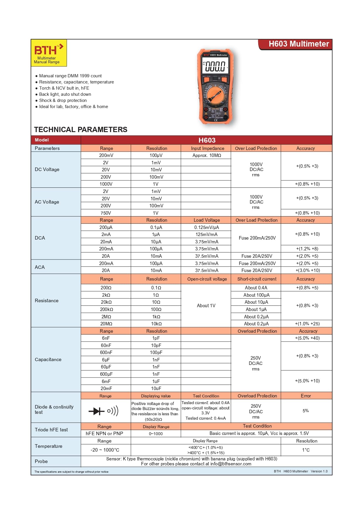 BTH H603 True RMS Digital Multimeter with Non contact voltage, Temperature, capacitance and Triode — Amazon image 3
