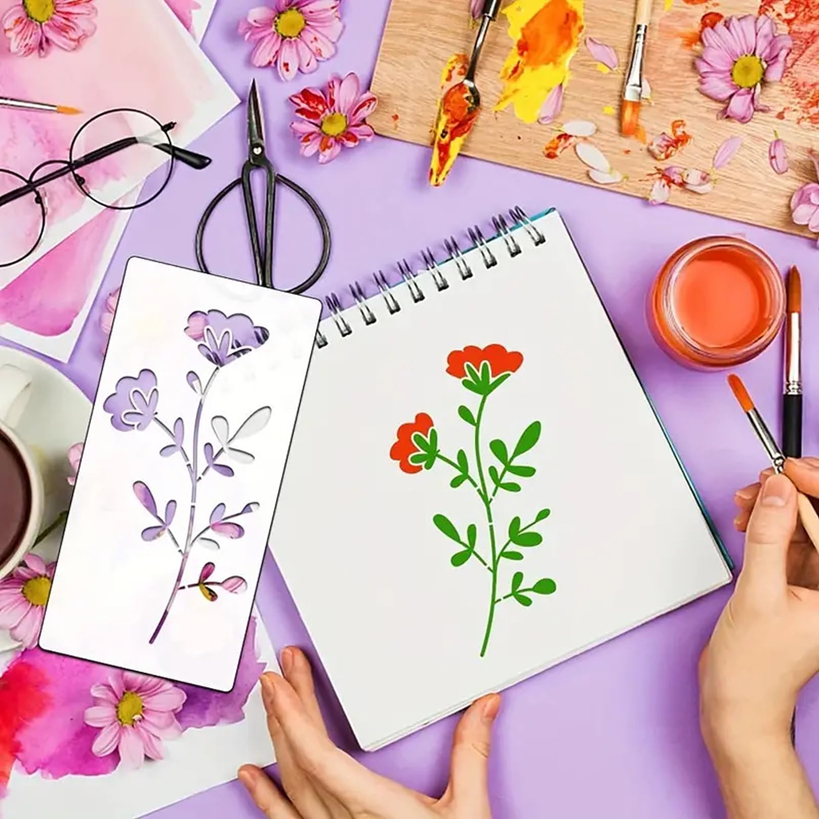 18 Plantillas De Flores Reutilizables Para Pintar - 15x7.5 Cm - Ideal Para Manualidades, Muebles, Paredes Y Decoración DIY