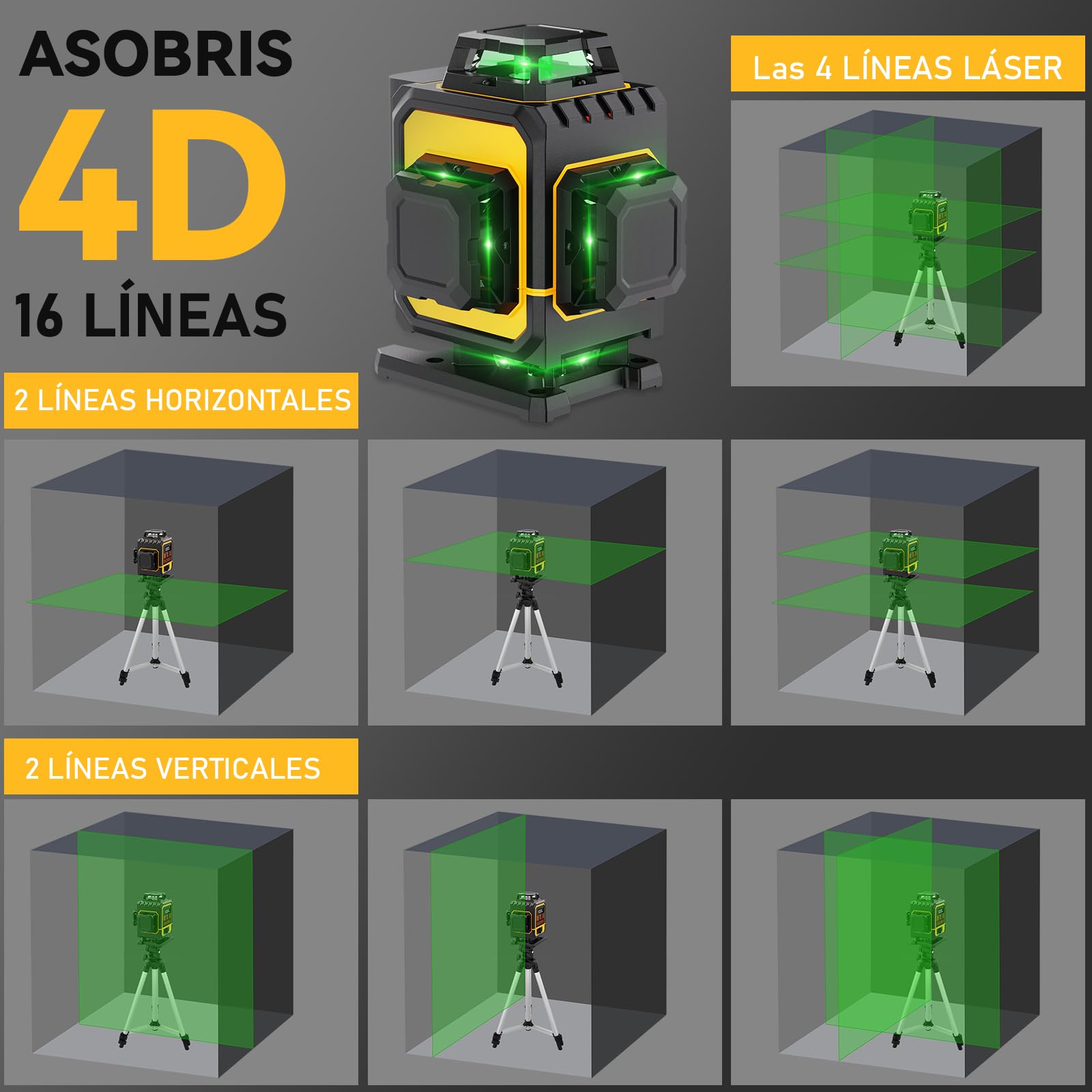 Nivel Laser Autonivelante 360 Grados Con Tripode,ASOBRIS Nivel Láser 4D Verde 16 Líneas,2 x 360 Horizontal y 2 x 360 Verticales,2 Batería Laser Level Para Construcción Exterior Función de Pulso (1)