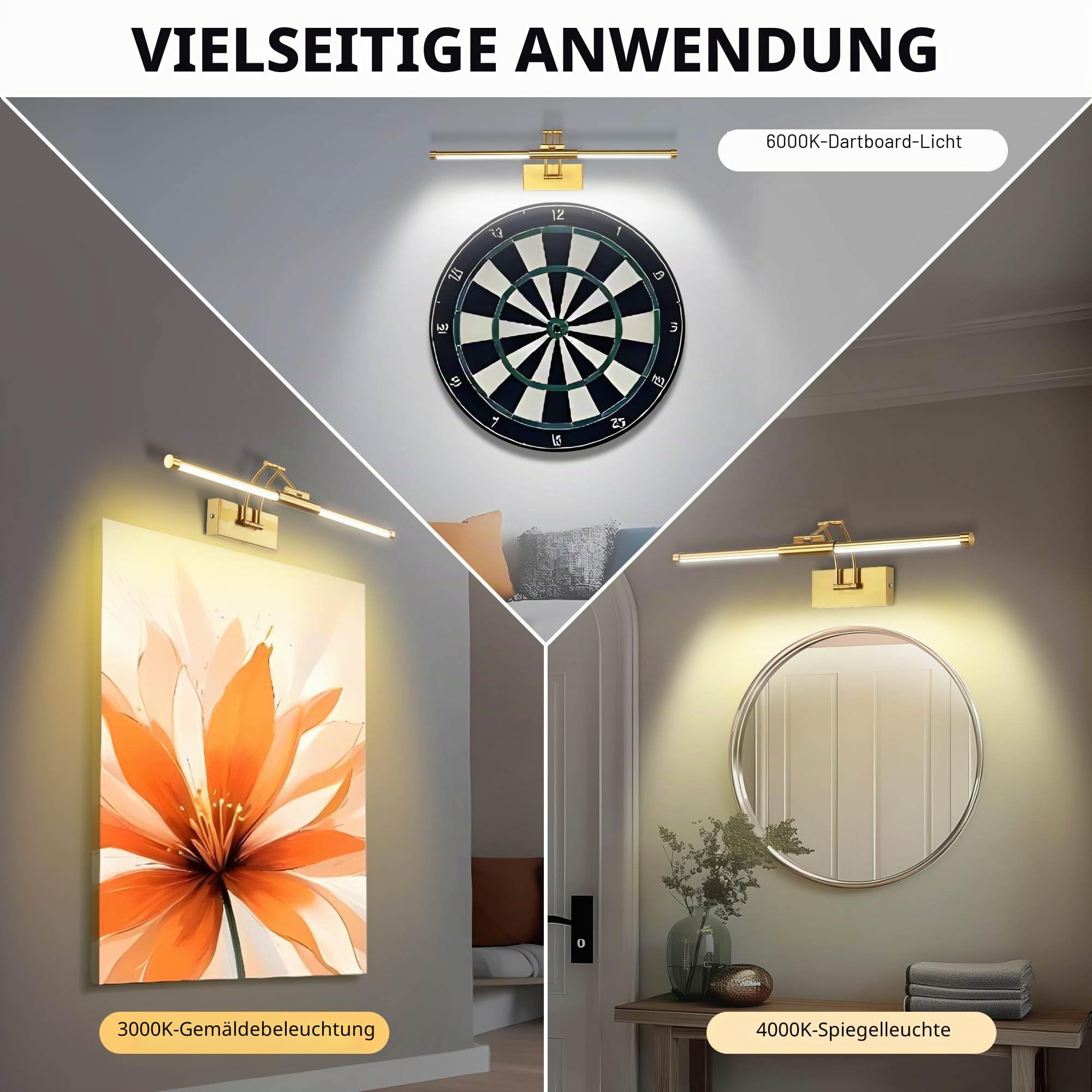 Bildbeleuchtung Kabellos, 8000mAh Akku Bilderleuchte 60cm Gold | LED Wandleuchte Innen mit Fernbedienung, Dimmbar 3 Farbtemperaturen & Timer, Bilderlampe für Gemälde, Foto, Dart Beleuchtung