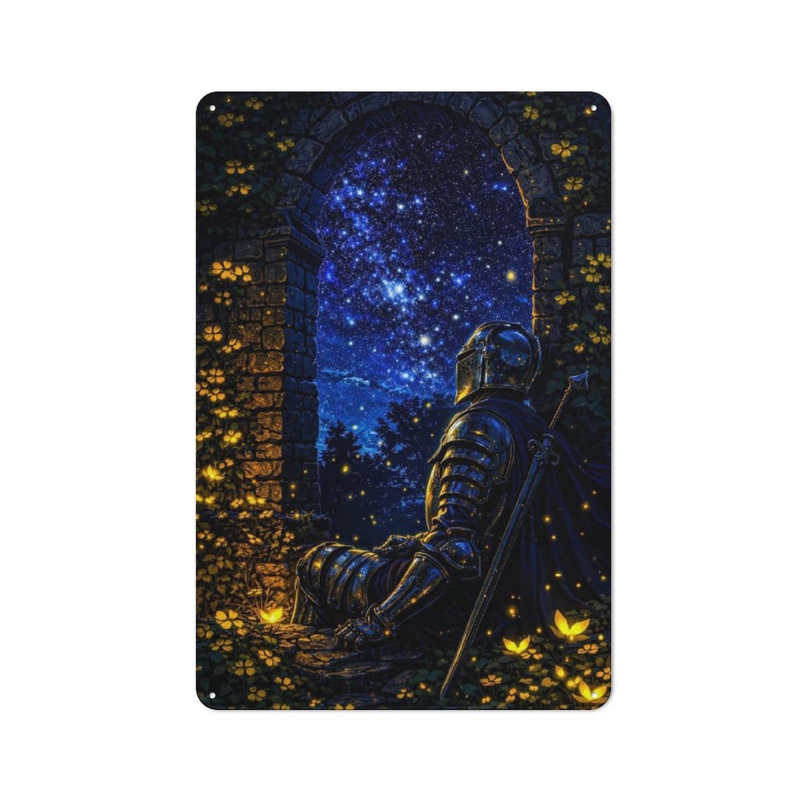 Understated Knight Gazing at Starry Sky Metal Wall Plaque 30x20cm, Creative Space Decor for Office, Study, Studio Or Hallway