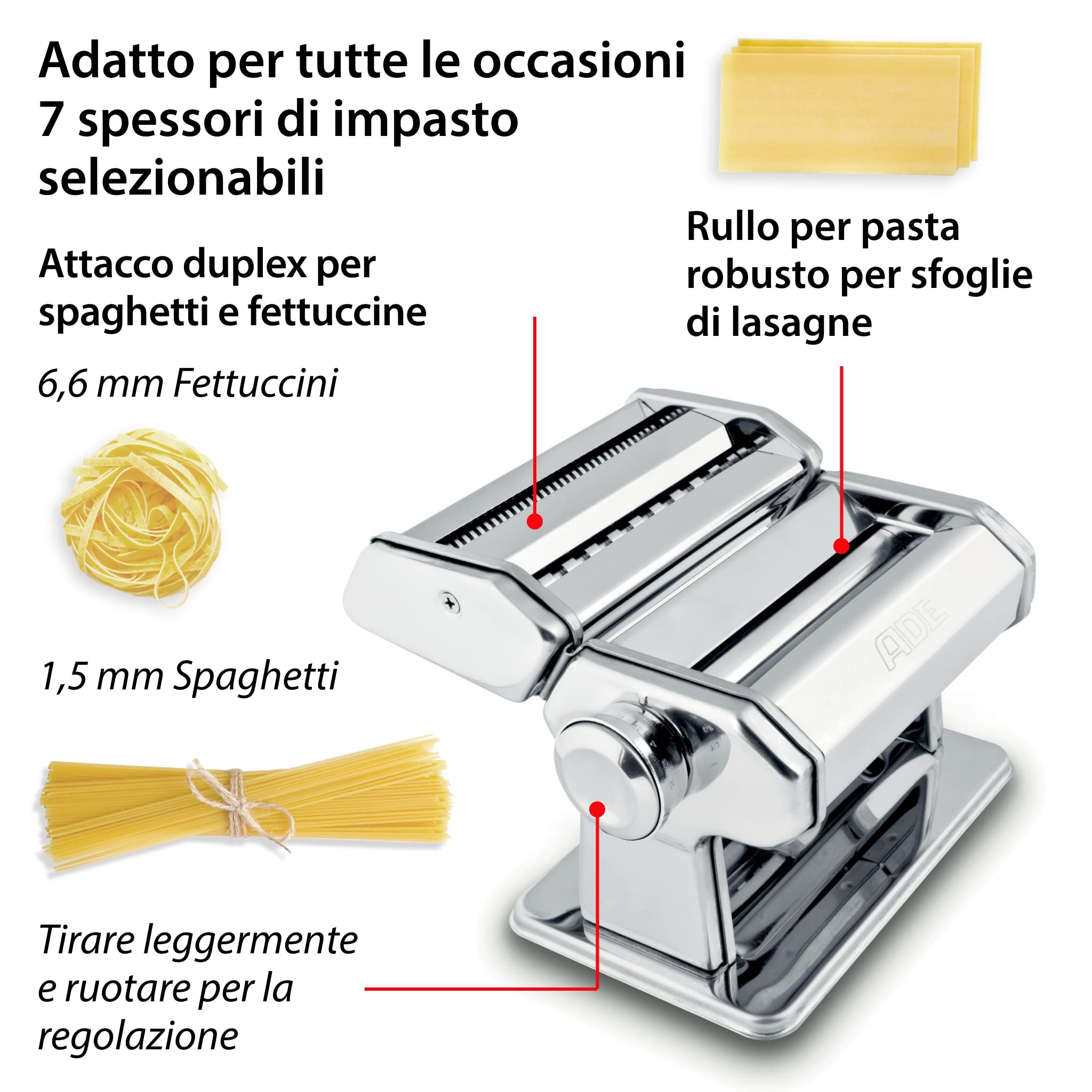 ADE Macchina per pasta manuale di alta qualità | 7 spessori di pasta per lasagne spaghetti fettucine | extra: Asciugatrice e spazzola per la pulizia della pasta | Macchina per la pasta in acciaio inox