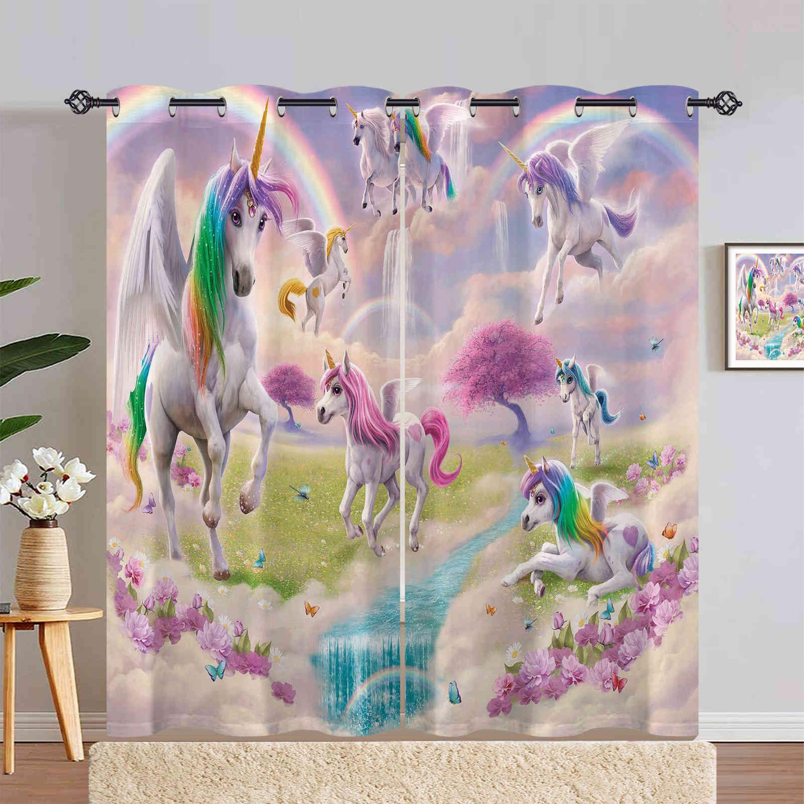 ANHOPE Rideau Occultant Rainbow Licorne Fleur Tenture Opaque à Oeillets Draperies Intérieurs Lot de 2 Rideau Thermique Isolant pour Maison Chambre Salon Fenetre L 140 x H 240 cm