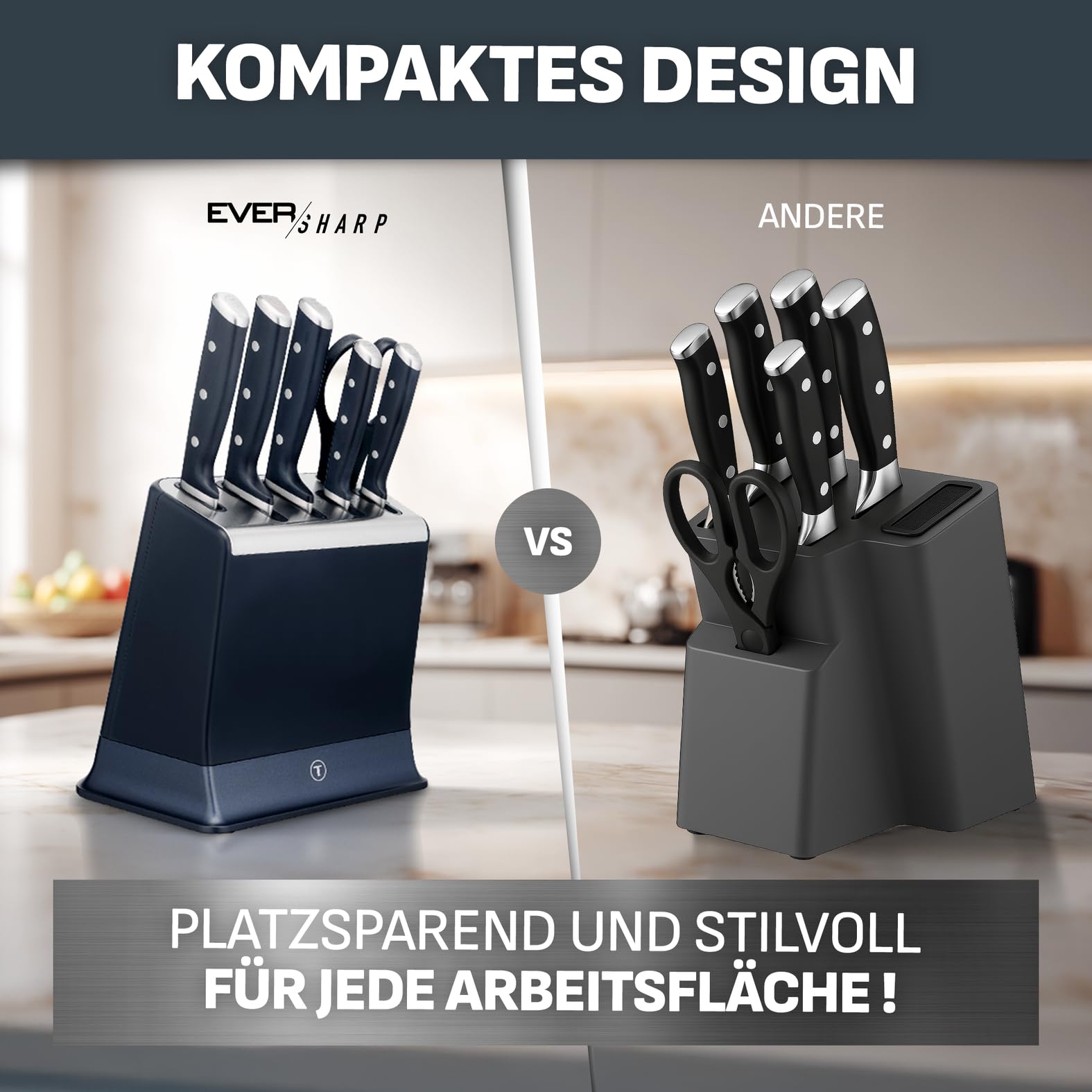 Tefal EverSharp Pro 6-teiliger Messerblock, patentierte Schärftechnologie, selbstschärfend, Verriegelungssystem, deutscher rostfreier Edelstahl, für Gemüse, Fleisch & Brot, Blau, K297S744