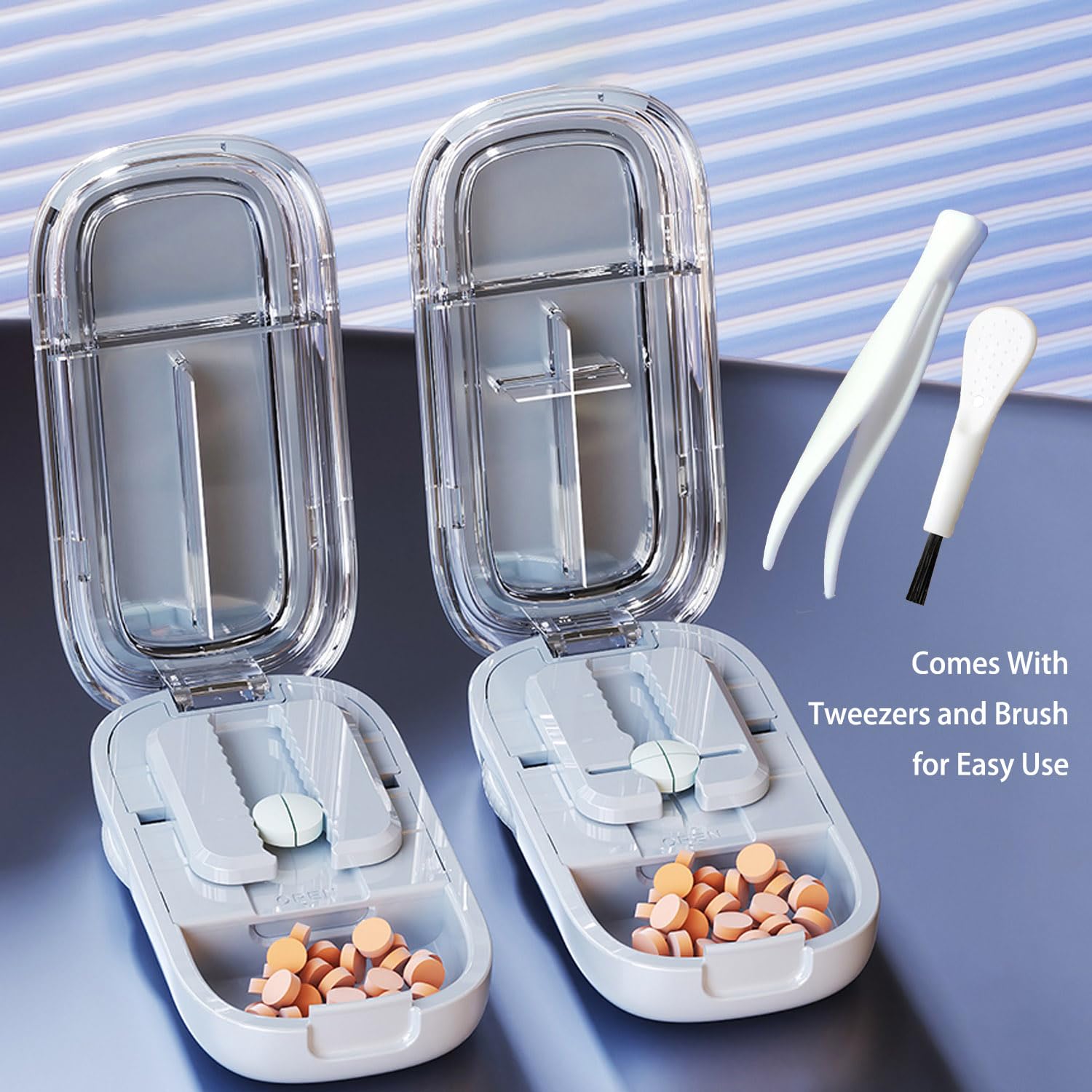 Tablet Splitter(Starlight Blue With Brush tweezers) Pill Cutter丨Pill Splitter for Small or Large Pills Cut in Half, Cutting & Storage 2 in 1 Tablet Pill Dispenser for Pet