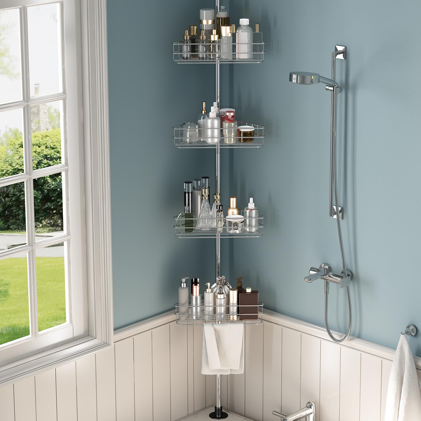 MilleLoom Adjustable Shower Caddy Corner for Bathroom 4-Tier Rustproof Bathroom Organizer Shelves with Tension Pole Floor Standing Bath