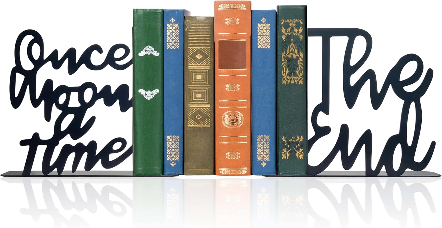 Unique Metal Once Upon A Time Bookends, Once Upon A Time Sign, Decorative and Kids Bookends for Home Classroom Bookshelf, Reading Corner and Nook, Daycare, Nursery Decor, Gift for Boys Girls(Black)