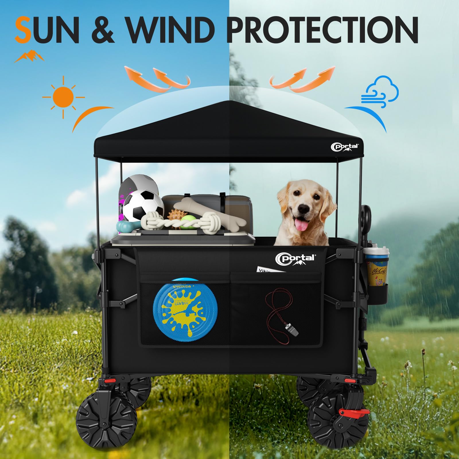 PORTAL Carro plegable con techo 350L 122KG con ruedas extra anchas, plegable rápido, con asa, con portavasos, protección solar para excursiones, playa, camping, compras