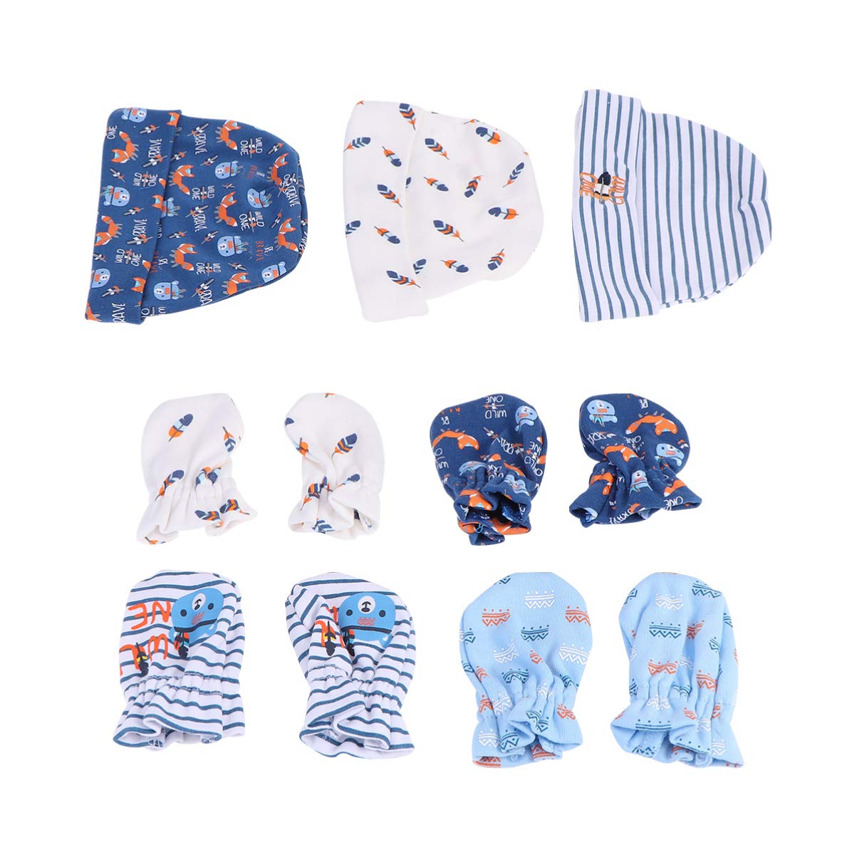 Healifty 11PCS Baby Hat and Mitten Set Cotton Spring Cap Nursery Beanie Anti-grasping Gloves for Infant Newborn Baby Shower Gift Blue Bear