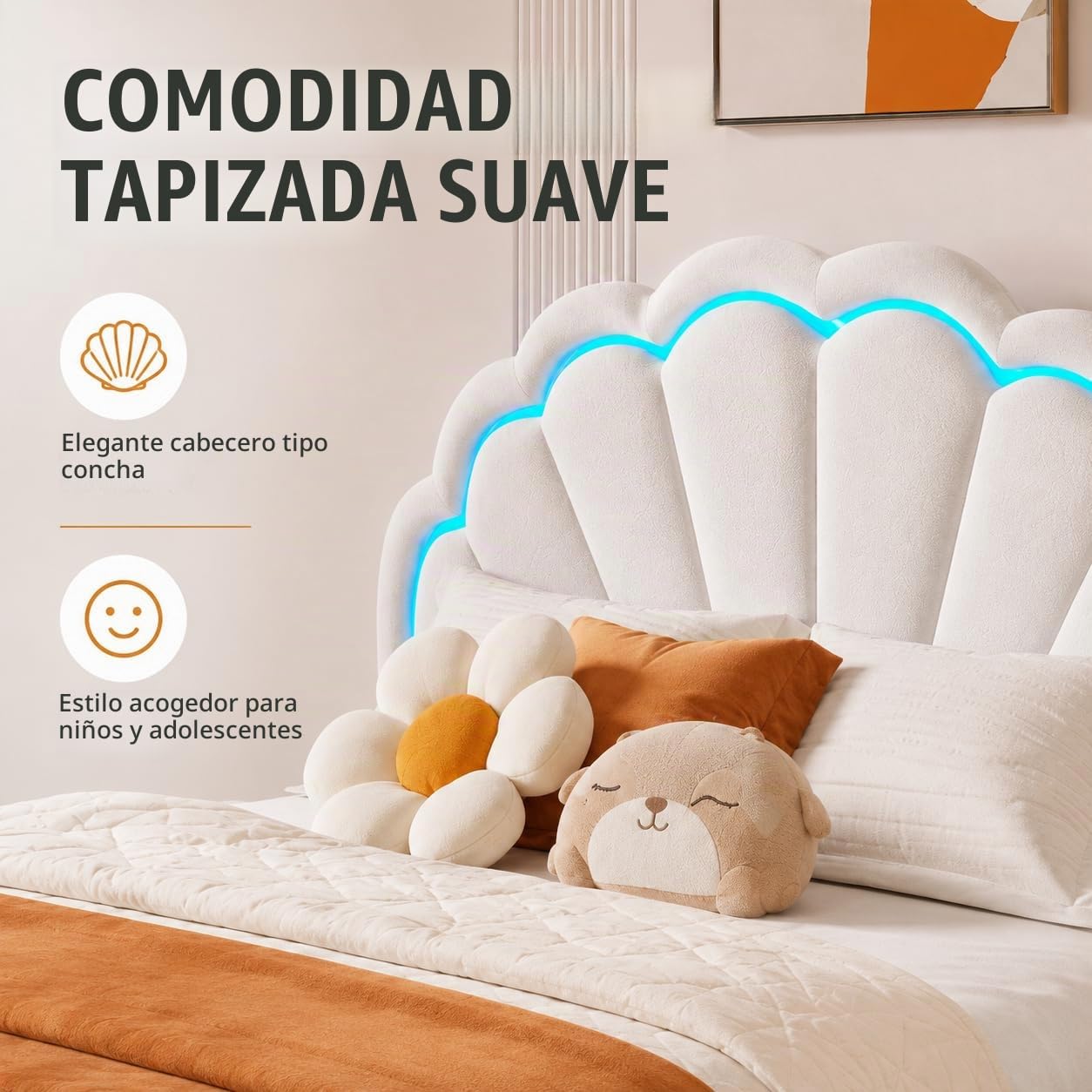 BRILVERDE Cama tapizada para niños de 140 x 200 cm, con cabecero de Flores y Base Plana para Pasta, Cama para niña con Tela de Terciopelo Agradable al Tacto, sin colchón (Blanco+Cajones, 140x200)