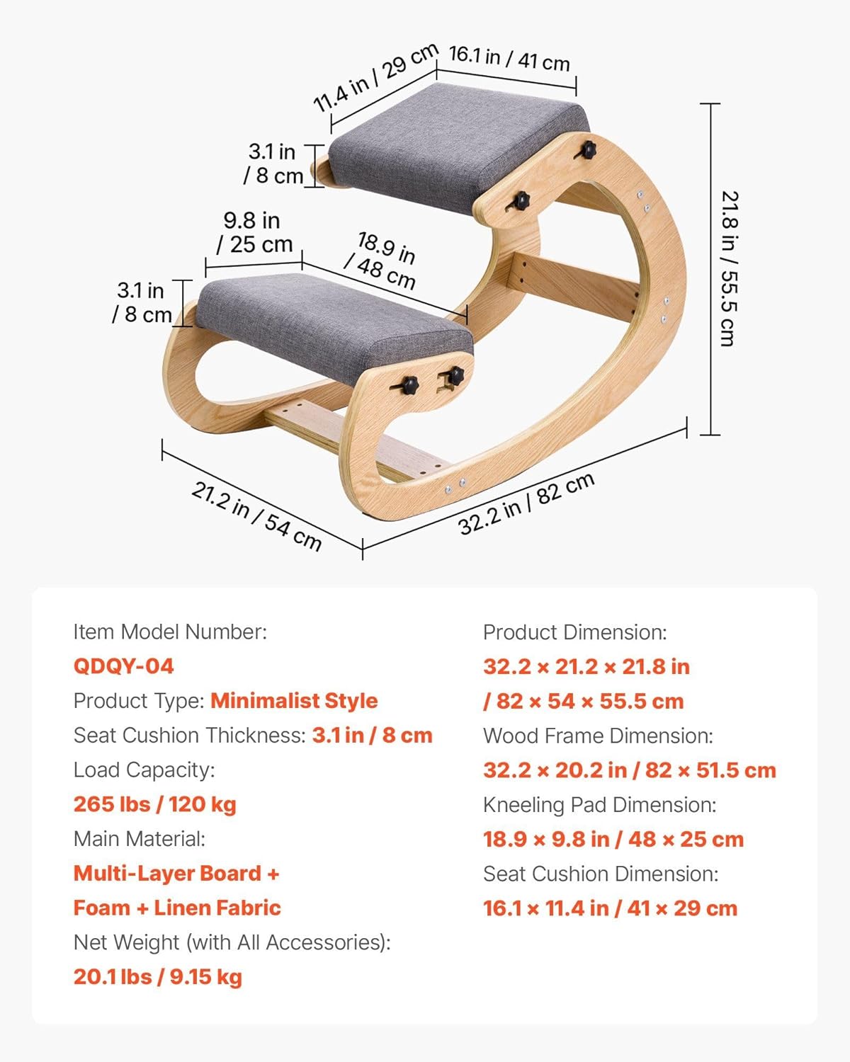 Gray Ergonomic Kneeling Chair – Solid Birch Wood Frame, Adjustable Height, Breathable Linen Cushions, Rocking Stability, 265lb Capacity, for Office, Study or Mindful Sitting