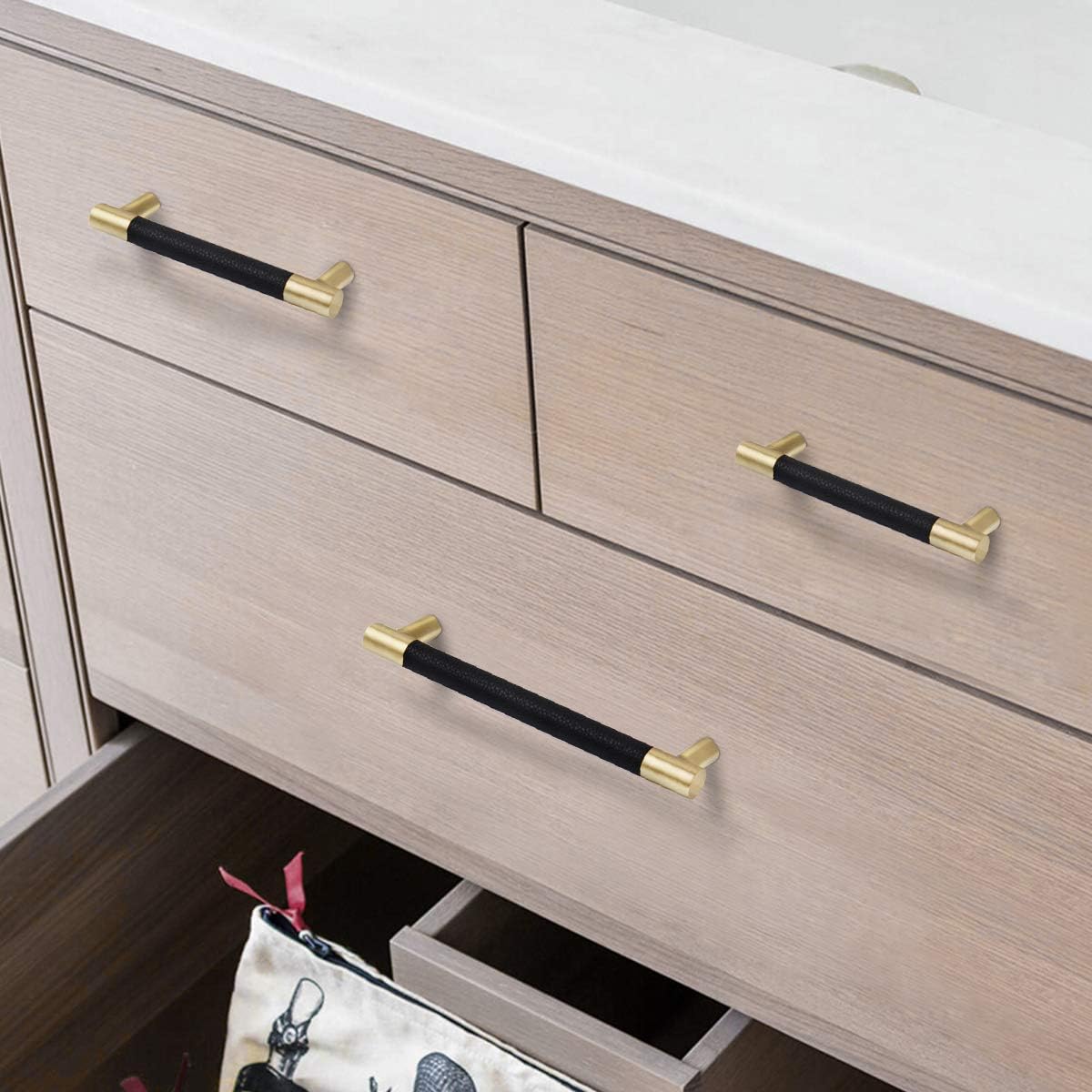 MFYS Black Leather Drawer Pulls for Dresser Knob Gold Handle for Cabinet Pulls Brushed Brass Cupboard Knob (1, 7 9/16" Hole to Hole)