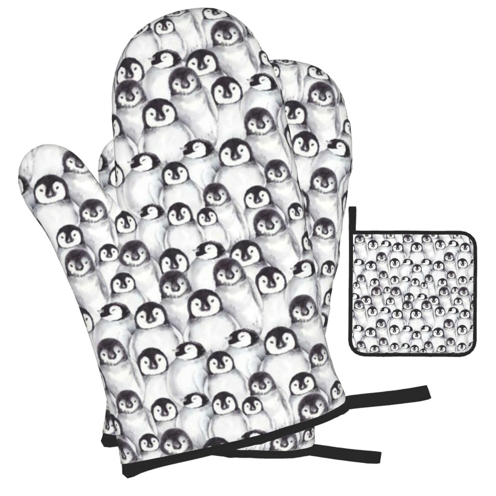 Cute Baby Penguins Sketch Printed Oven Mitts and Pot Holders Heat Resistant Set of 3 Pcs, Modern Kitchen Gloves & Potholders for Cooking Baking Grilling