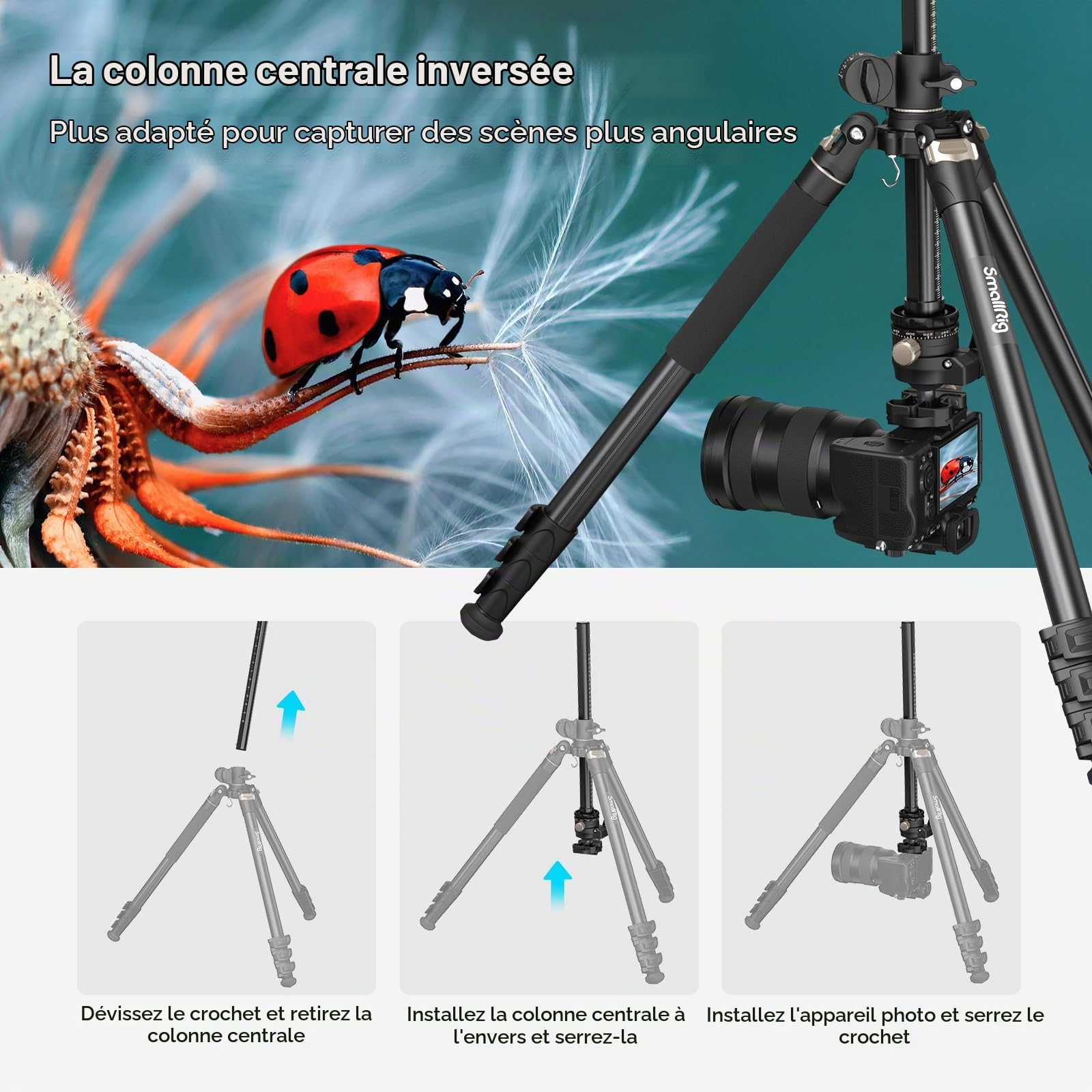 SMALLRIG CT200 Trépied Appareil Photo 185cm, Monopode Horizontal à Colonne Centrale de Rotation à 360°, avec Support pour Smartphone, Sac de Transport, Sac de Poids, 10 kg Charge Maximale - 4288