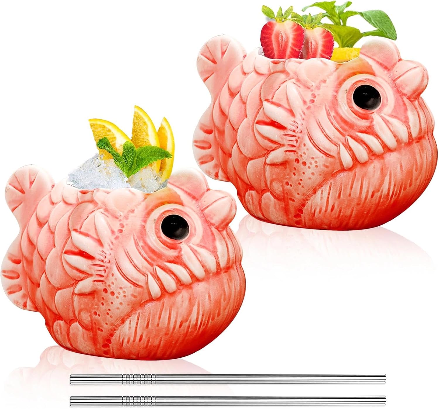 INFTYLE Tiki Mugs Fish Cocktail Cups 22oz/650ml Set of 2 Creative Red Tiki Glasses Bar Large Ceramic Hawaiian Themed Tropical Barware for Party Barware