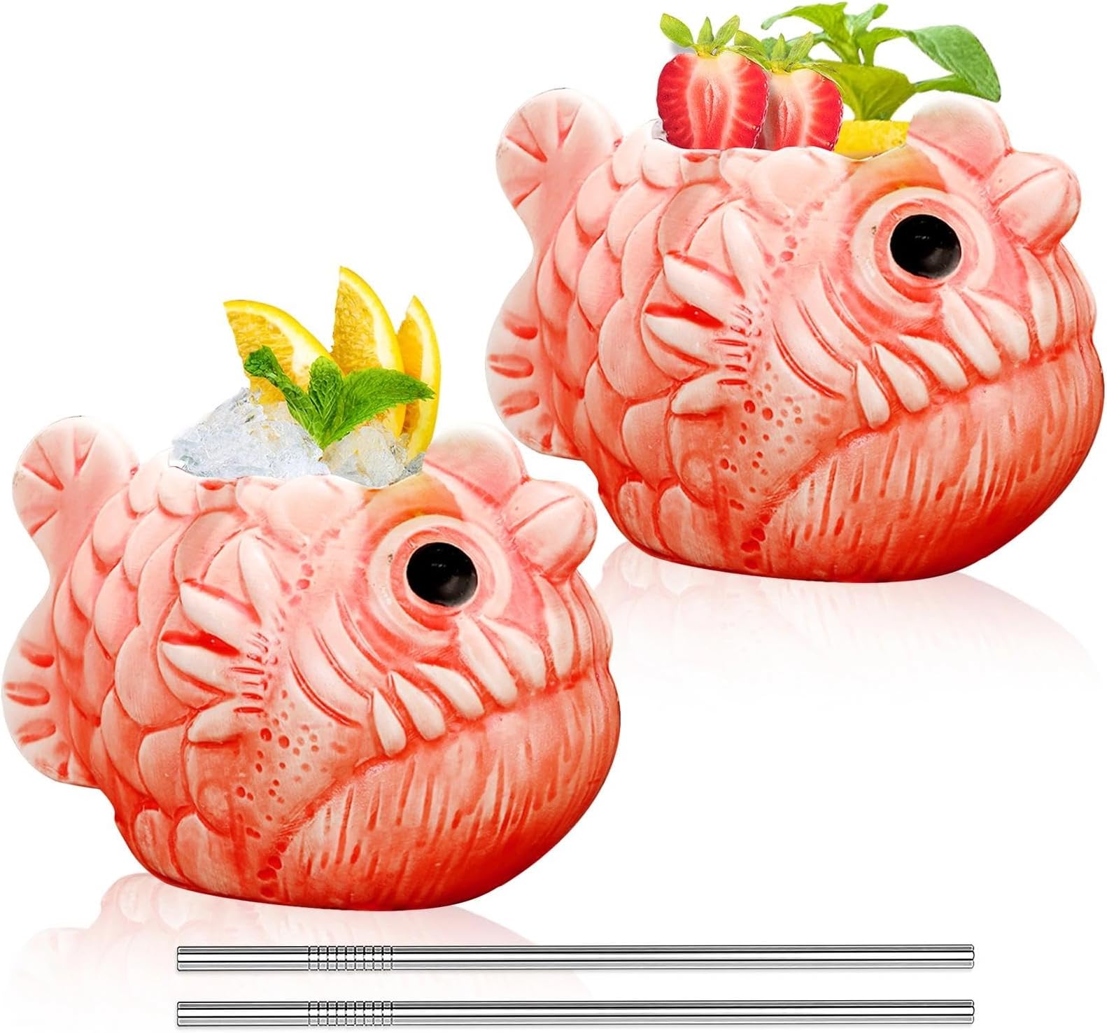 INFTYLE Tiki Mugs Fish Cocktail Cups 22oz/650ml Set of 2 Creative Red Tiki Glasses Bar Large Ceramic Hawaiian Themed Tropical Barware for Party Barware