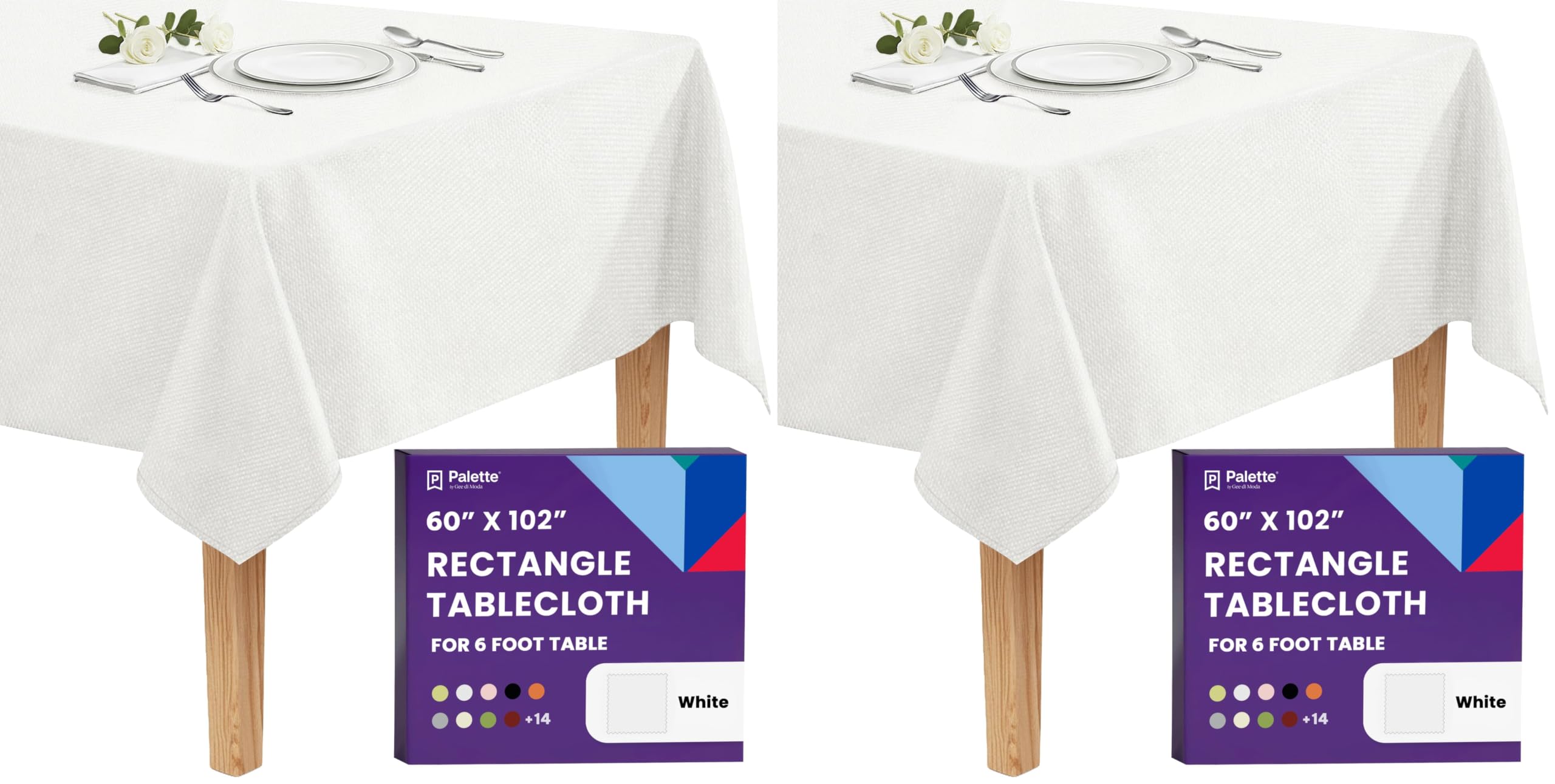 Gee Di Moda Rectangle Tablecloth - 60 x 102 Inch White Table Cloth for 6 Foot Rectangle Tables - Heavy Duty Washable Fabric - for Holiday Party, Dinner, Weddings, Baby Shower &amp; Events (Pack of 2)