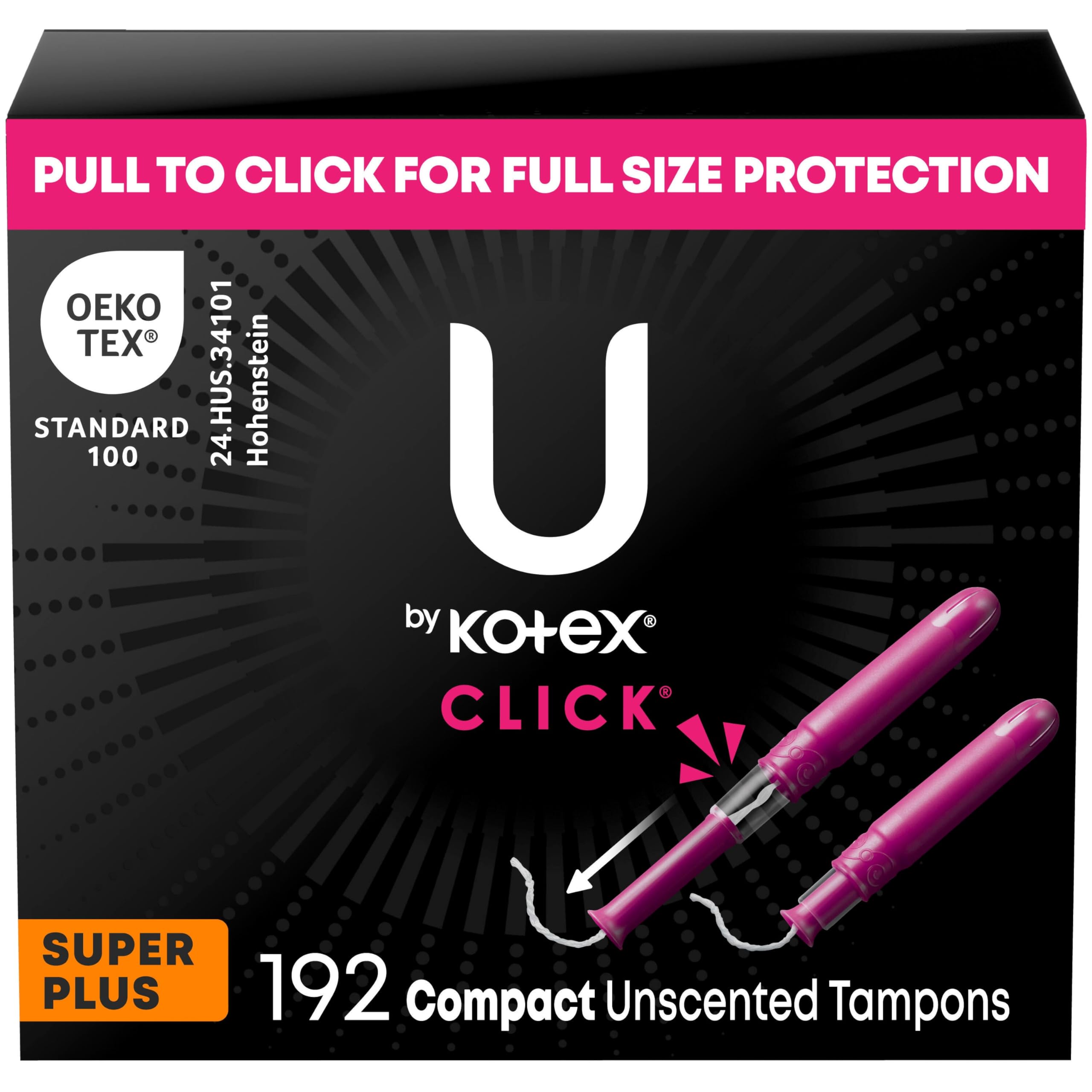 U by Kotex Click Compact Tampons, Super Plus, Unscented, 192 Count (6 Packs of 32) (Packaging May Vary)