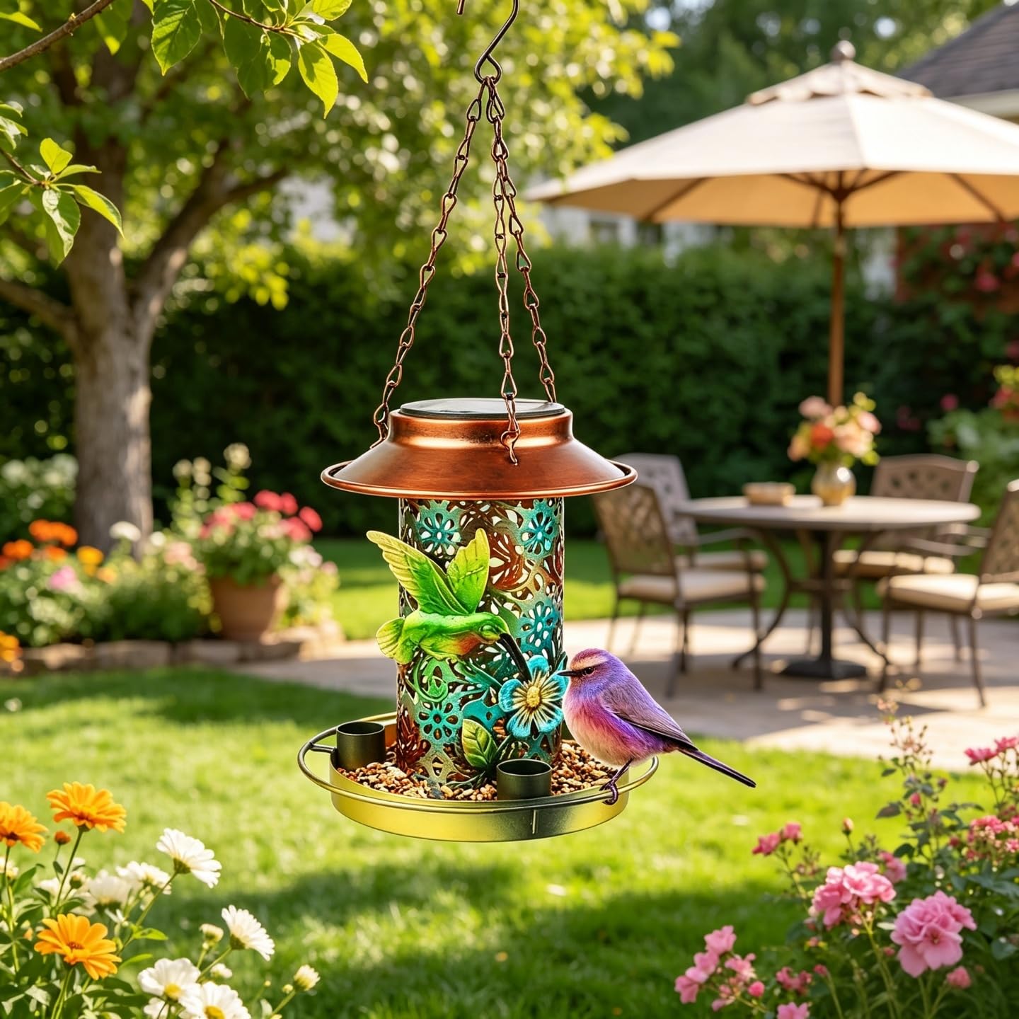 Mangiatoia solare per uccelli per esterni, in metallo resistente, da appendere, con luce per giardino, cortile, esterno, regalo decorativo a forma di lanterna unica