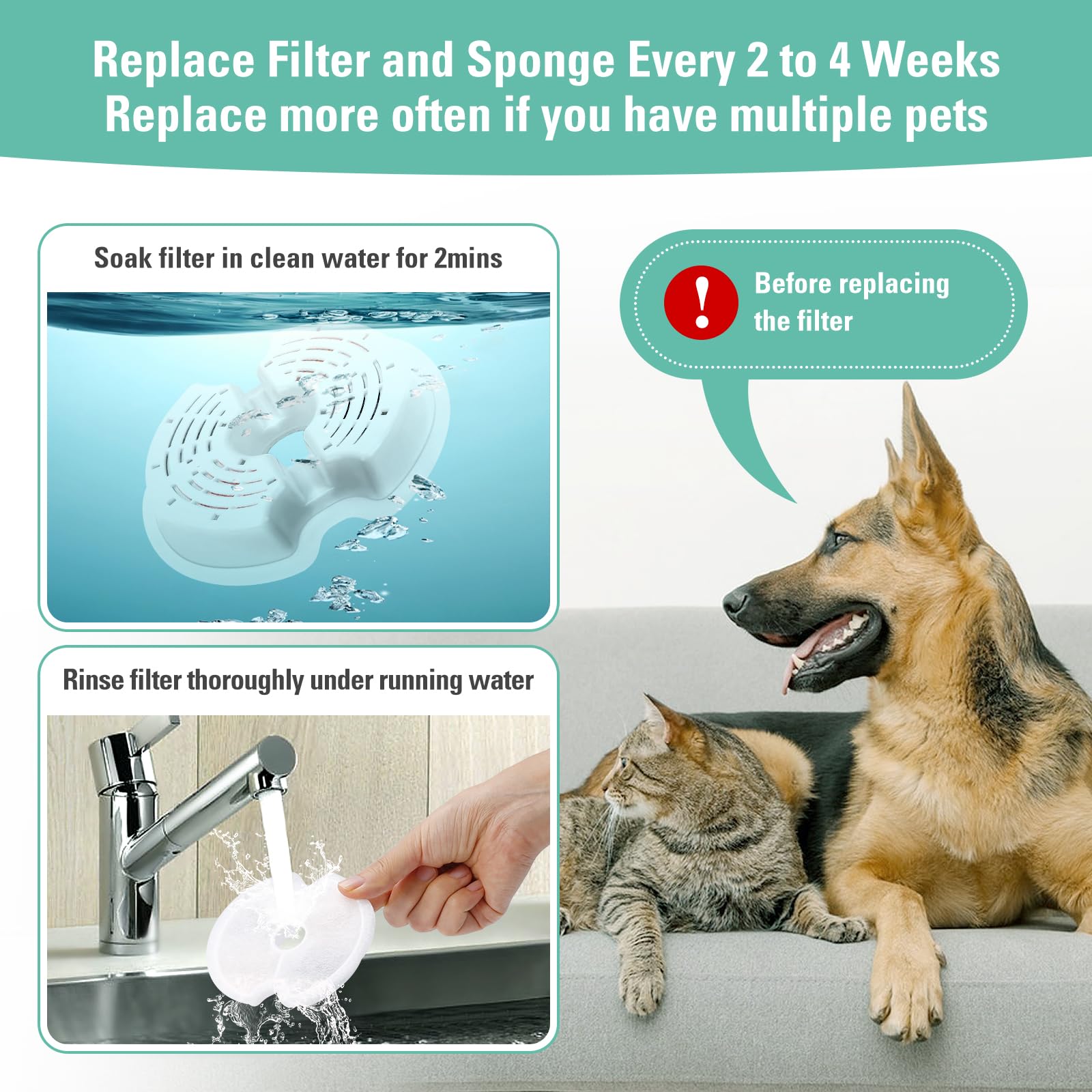 Paquete de 8 filtros de repuesto y 8 filtros de bomba para fuente colorida para gatos de 67 onzas/2 L con luz LED, filtro de fuente de agua para gatos BFLICROY con filtración cuádruple