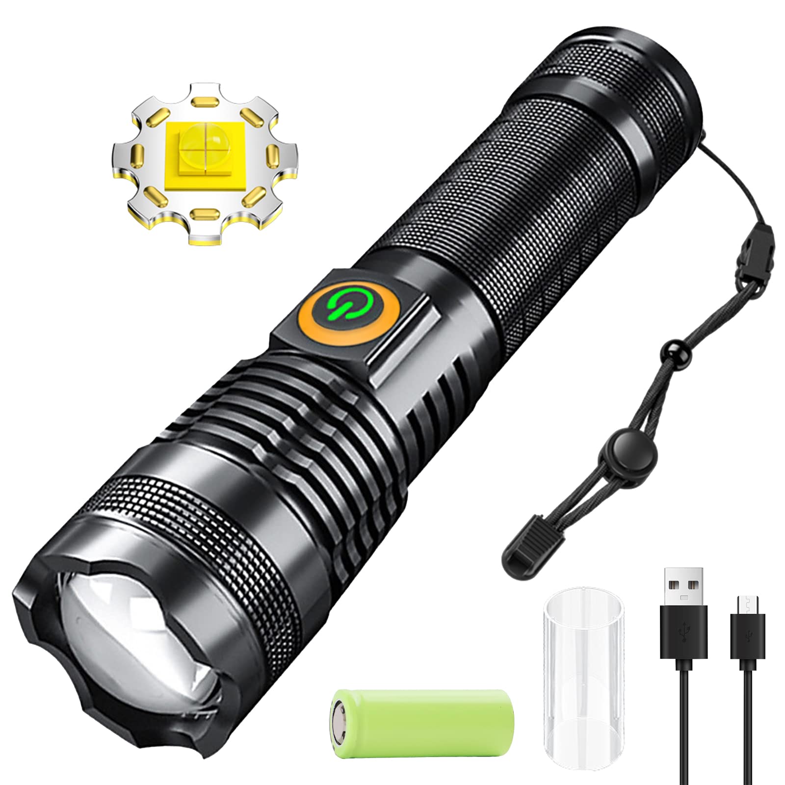 P70 Led Flashlight USB Rechargeable,1300 Lumens Super Bright Flashlight,B712 Zoomable&Waterproof Torch Light,Tactical Handheld Flashlight with 5 Light Modes&26650 Battery,for Camping,Climbing,Hiking