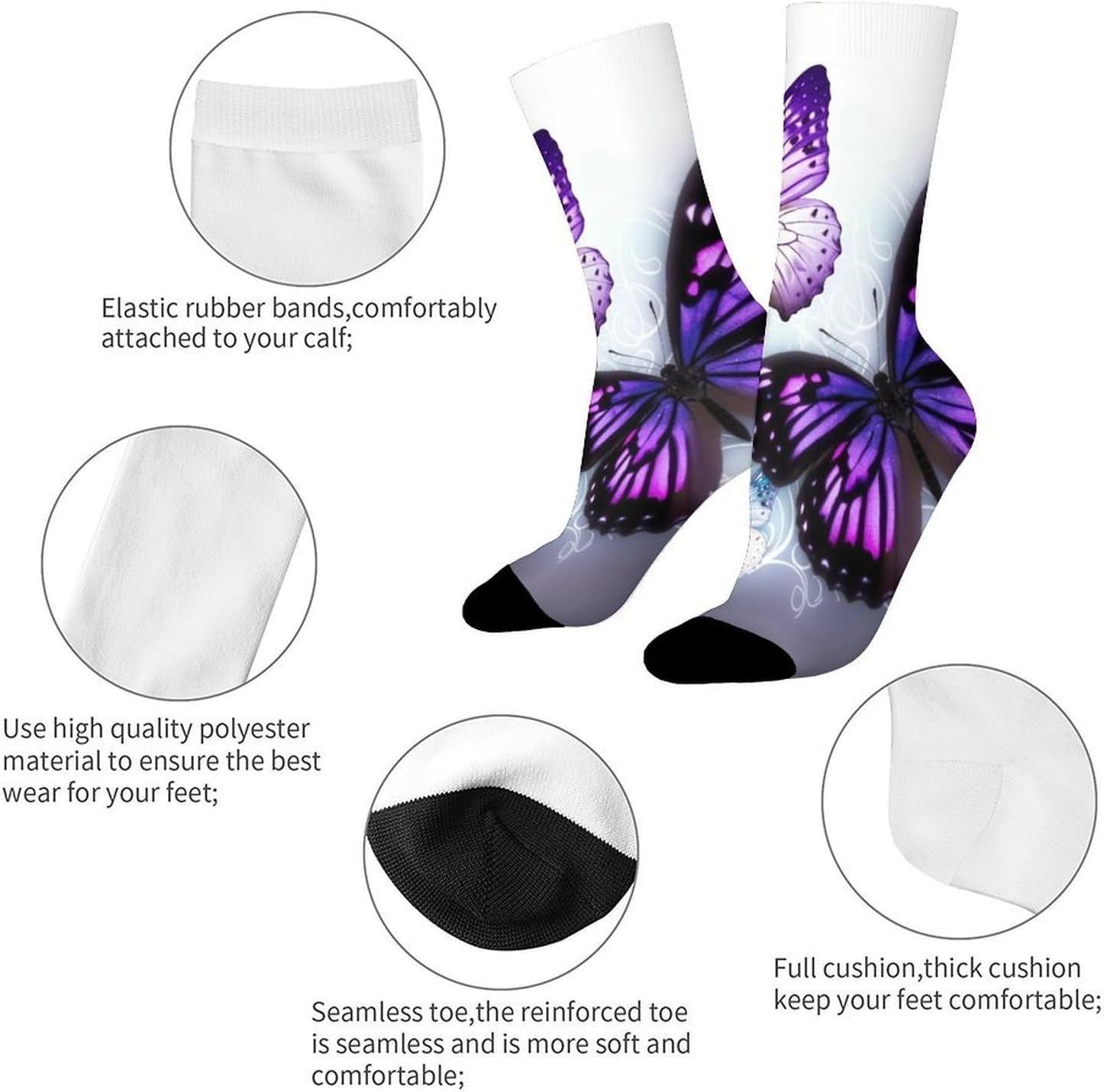 Breathable Sports Socks, Moisture Wicking, Lightweight Crew Socks | White Purple Butterflies Athletic Calf Socks for Women Men, Casual, Anti-Slip, Multifunctional Work Socks
