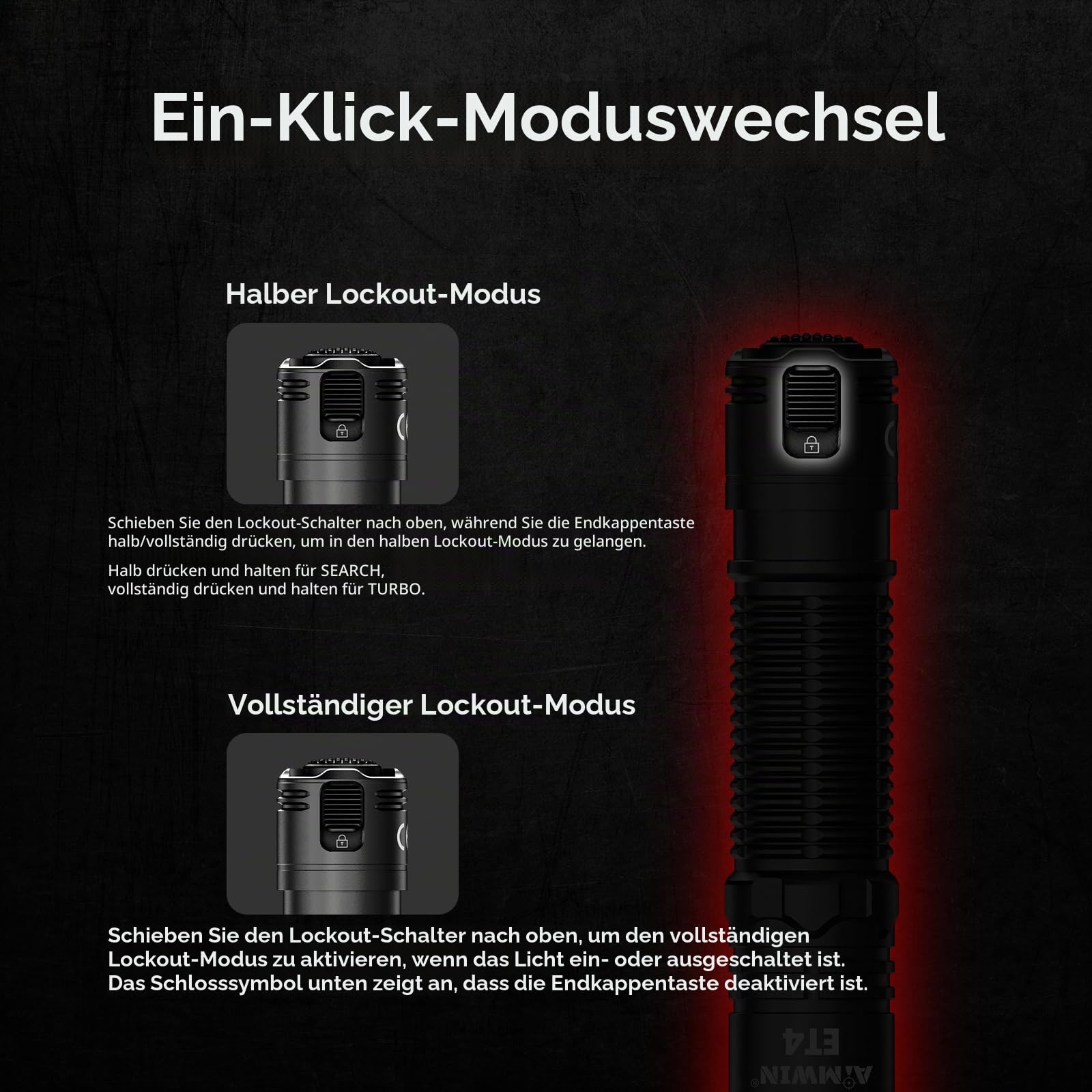 AIMWIN ET4 EDC Taktische Wiederaufladbare Taschenlampe 3500 Lumen 380m Reichweite 4 Helligkeitsstufen mit Sofort-Such-/Turbo-Modi Ein-Klick-Heckschalter USB-C Schnellladung Kompakte Handtaschenlampe