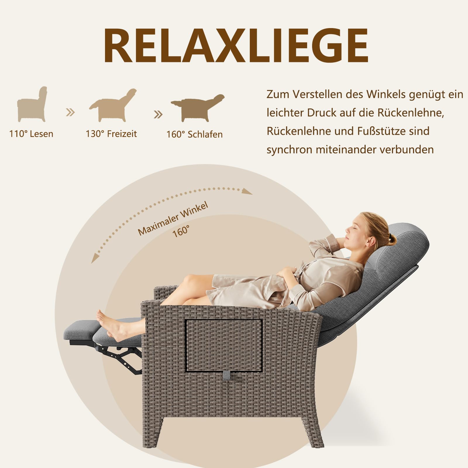 Sedia da Giardino in Rattan, Sedia Sdraio Imbottita da Casa, Portata 200 Kg, Schienale Regolabile a 160°, Tavolino Laterale Integrato, Adatta Per Giardino, Piscina, Balcone (Grigio Marrone, 1pack)