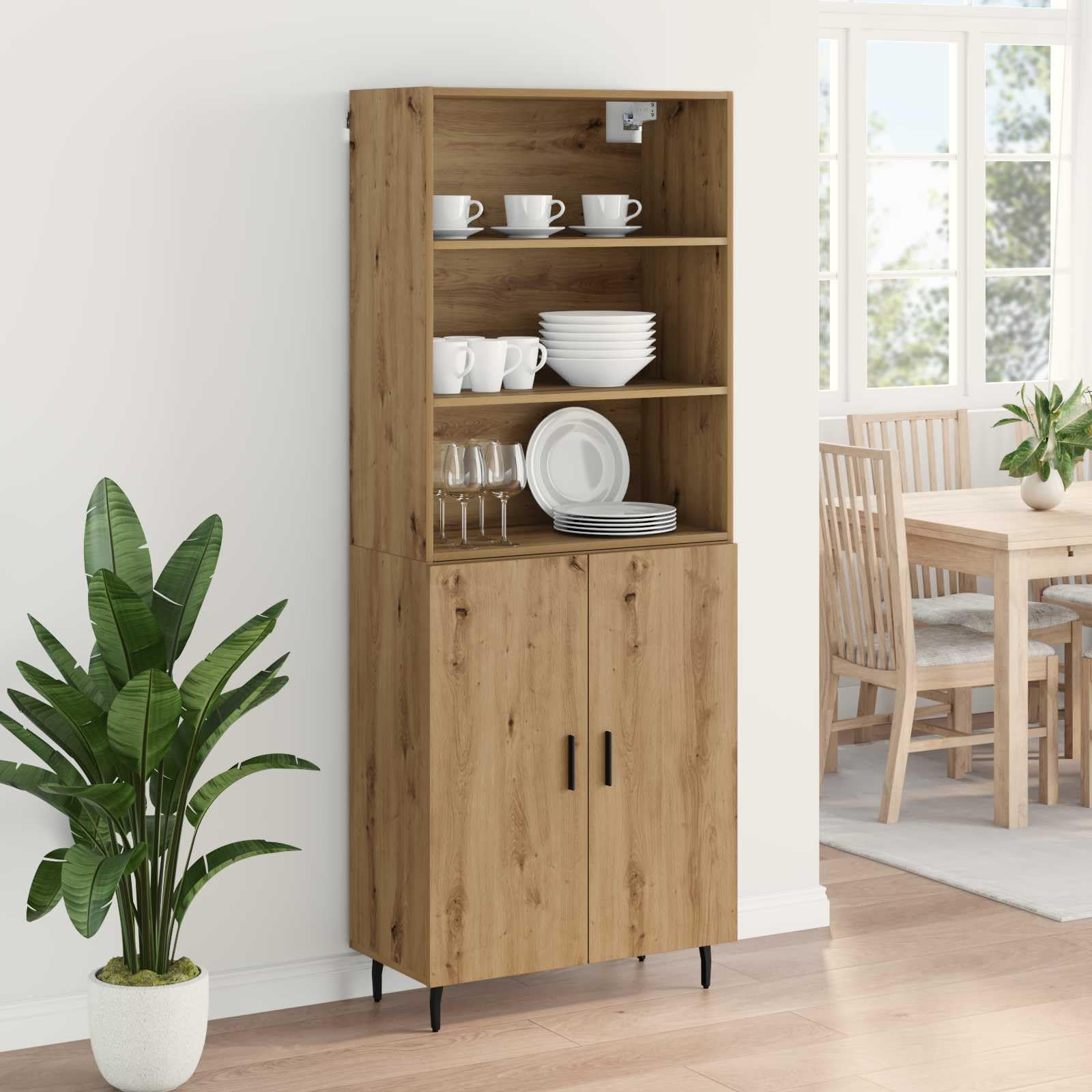 Buffet haut en bois de chêne Artisan 69,5 x 32,5 x 180 cm 2 pièces avec beaucoup d'espace de rangement pour salon, salle à manger, rangement moderne et ordre