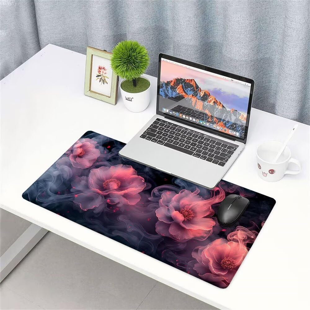Różowa podkładka pod mysz XXL pod biurko do gier akcesoria do klawiatury podkładka pod mysz rozszerzony kwiat szeroka mata do gier 1400 x 600 x 3 mm ochrona na biurko gumowa podstawa, przeszyte