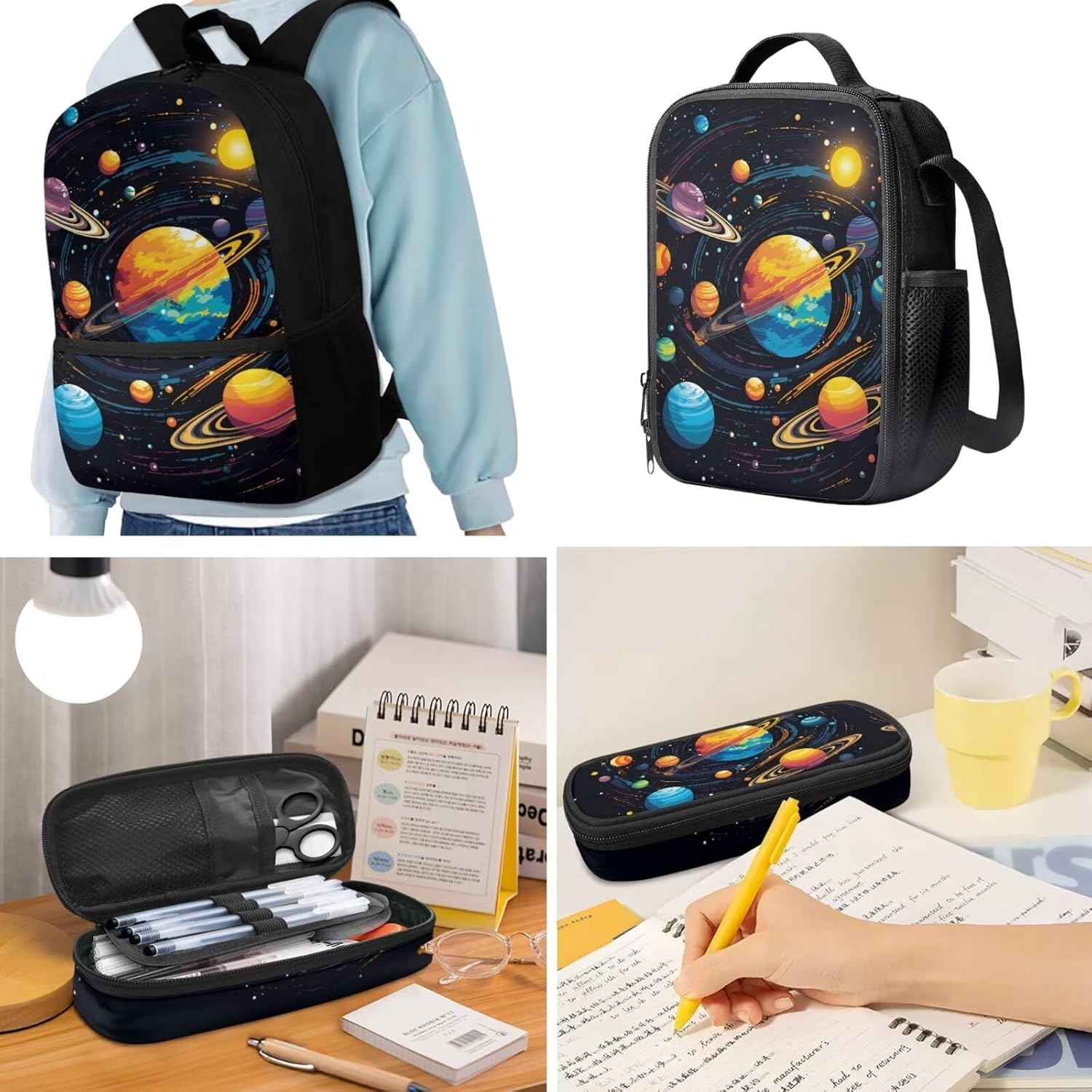 Kids Backpack Boys Backpacks with Lunch Box Men Pencil Case Organizer School Bag Keychain Wristlet Crossbody Bag Mens Sling Bag,Planet Print
