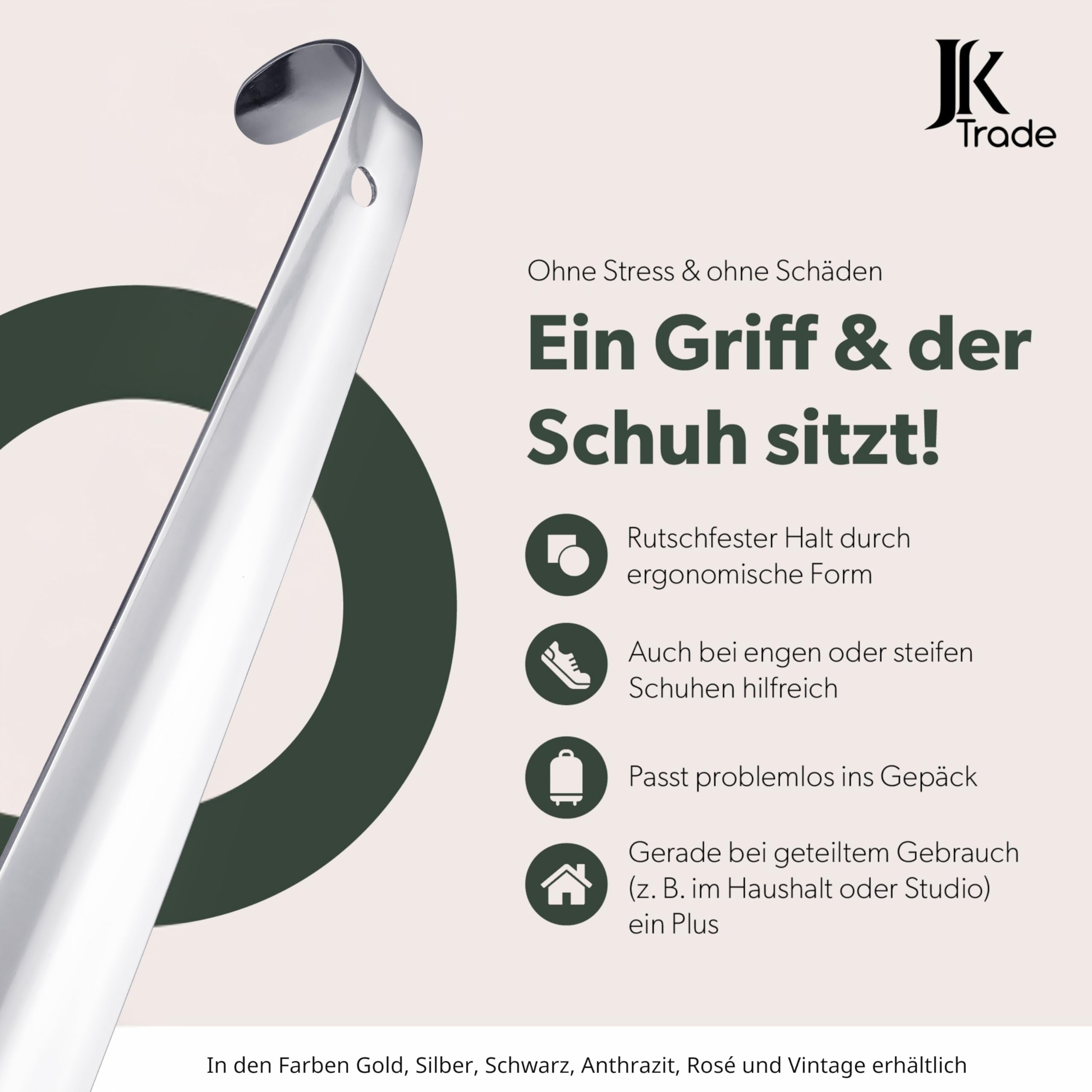 JK Trade® 42cm STABILER Edelstahl Schuhlöffel Lang | 2mm polierter Metall Schuhanzieher Lang zum Stehen | Schnell & Einfach | optimierte Länge & Breite | Shoe Horn | Aufhängbar