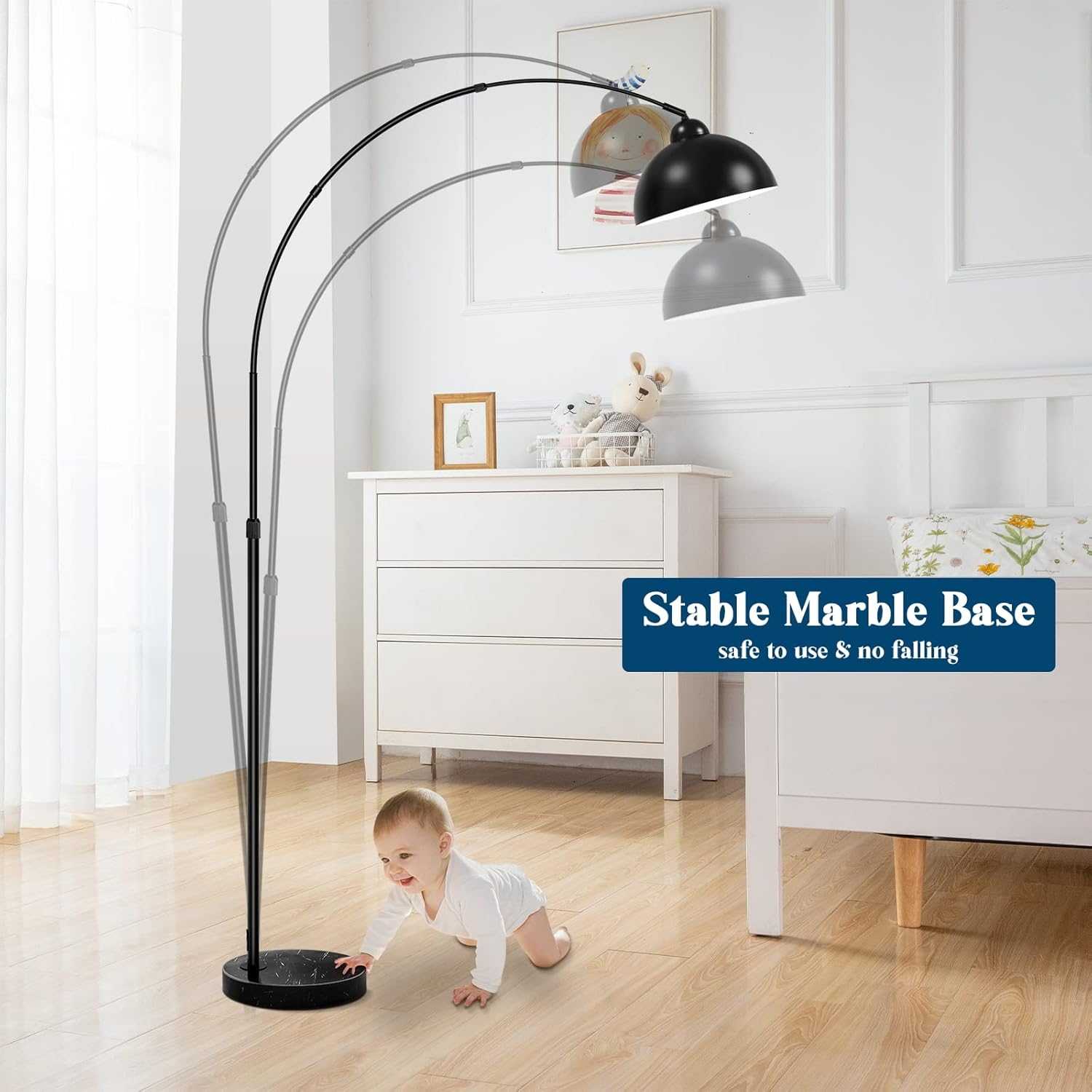 Modern Arc Floor Lamp with Metal Hanging Dome Shade, Industrial Adjustable Over the Couch Stand Up Light, Marble Base Farmhouse Tall Task/Reading Standing Lamp for Living Room Bedroom Office, Black