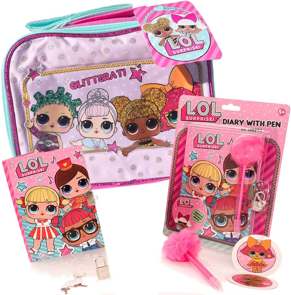 LOL Surprise Lunch Box 4 Pack Bundle with LOL Dolls Glitter Lunch Bag, L.O.L Diary, LOL Surprise Glam Pen, and LOL Surprises Stickers, New LOL Series Holiday Stocking Stuffer Toys for Girls