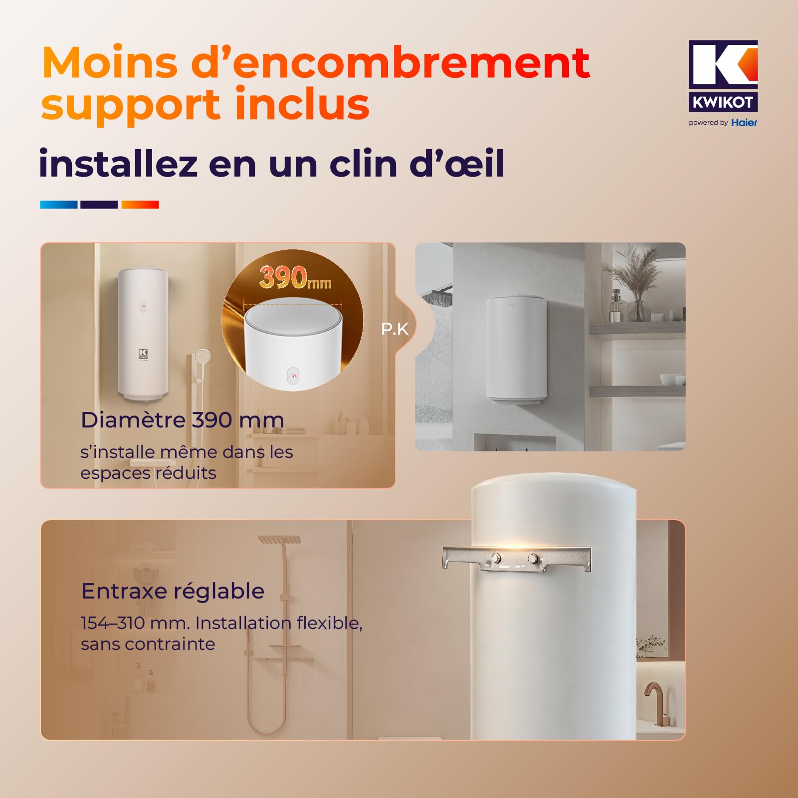 EasyTube Chauffe-eau Électrique 50 Litres Vertical Mural, Ballon Eau Chaude Cumulus à Accumulation 1500W, Résistant Eaux Dures et Calcaire 8 Bars, Gain de Place pour Salle de Bain Douche