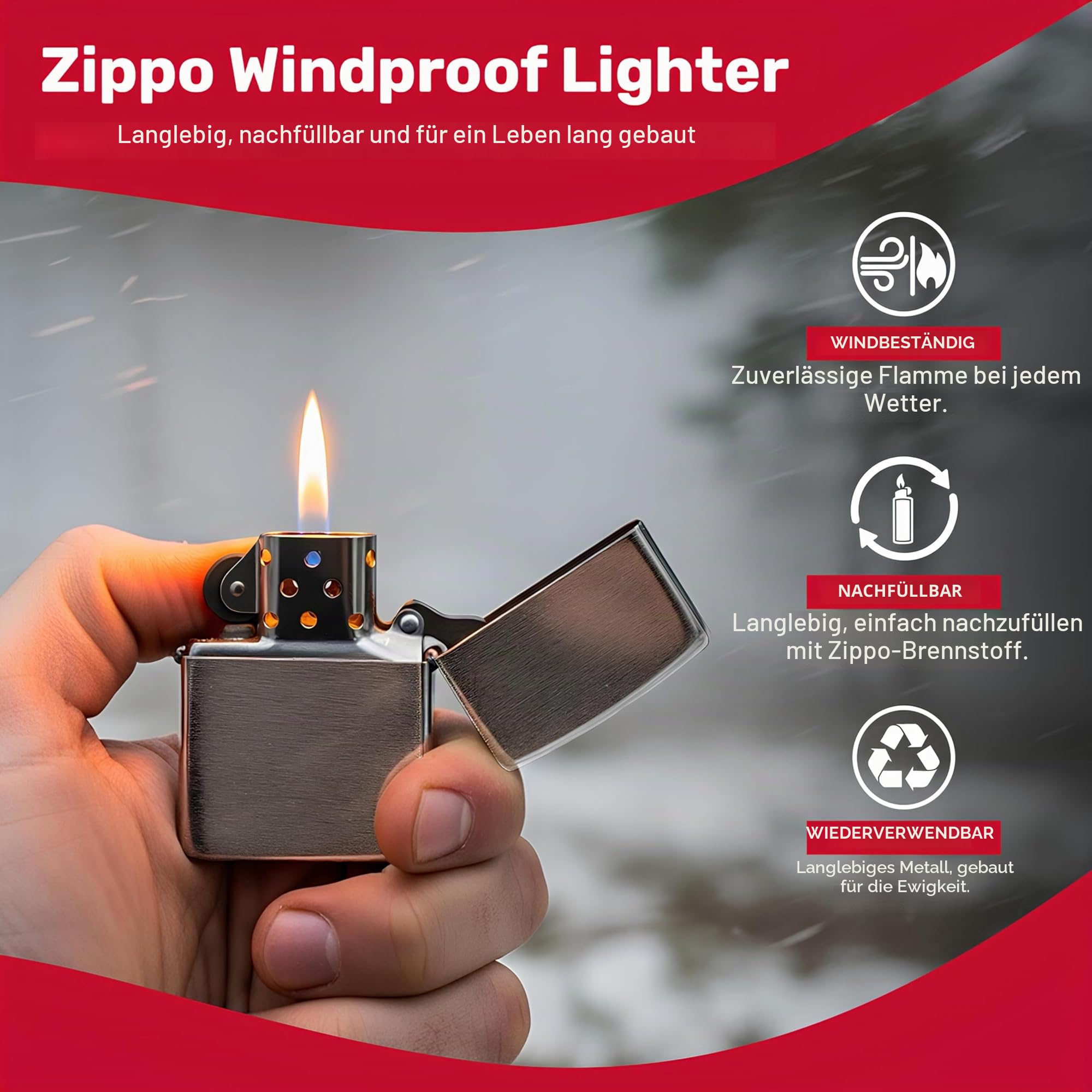 Zippo Benzin Feuerzeug Chrom Standard gebürstet Regular Sturmfeuerzeug