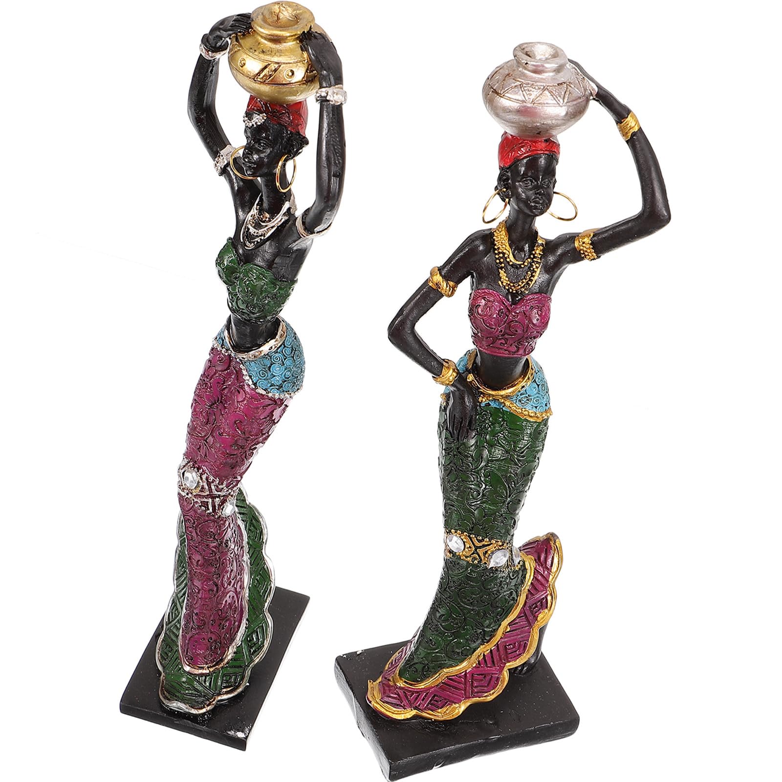 Lurrose Statues Africaines en Résine Lot de 2 Femmes Tribales Ornements Créatifs pour Décoration de Table et Intérieur Couleur Aléatoire