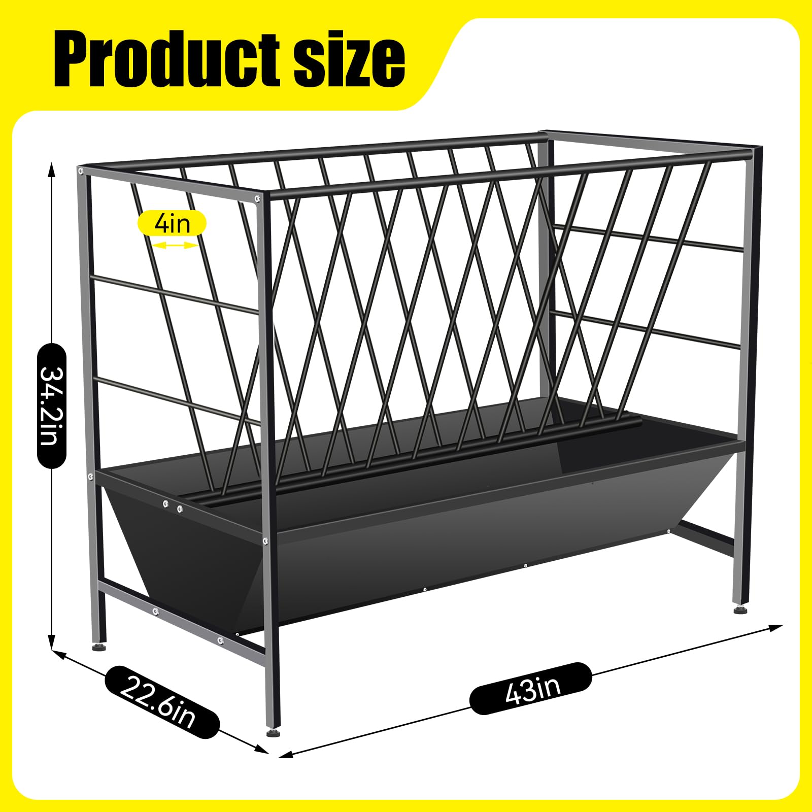 YXJSTO Pasture Hay Feeder 69 Gallon, Livestock 2 in 1 Hay and Grain Feeder, Heavy-Duty Galvanized Metal Goat Feeder with 2 Trays, Pasture Feeder for Goat, Sheep, Foal, Sheep